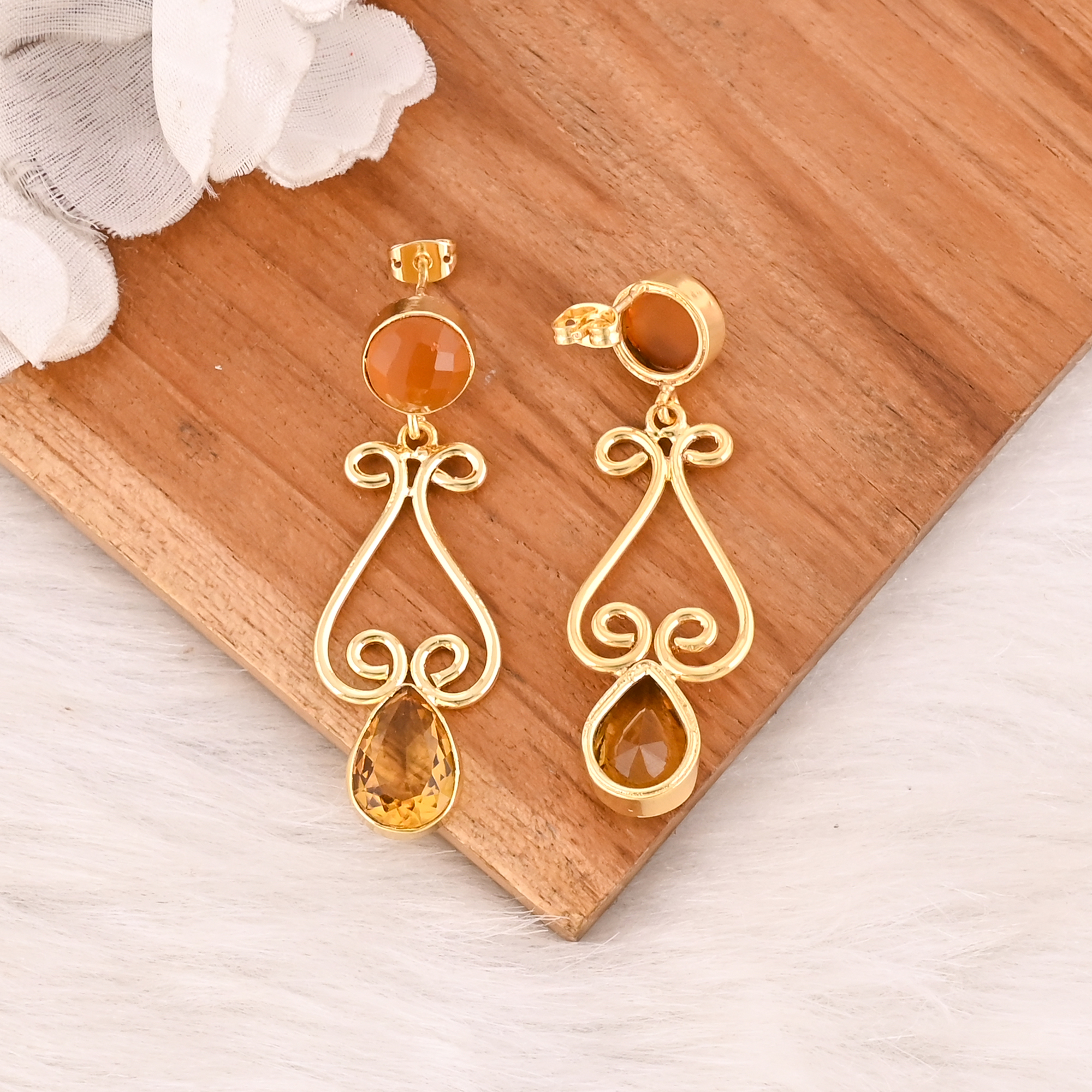 Citrine Hydro Gemstone Gold Plated Brass Drop Earrings Trendy Handmade Fashion Jewelry for Women Wholesale Lot 10 Pairs