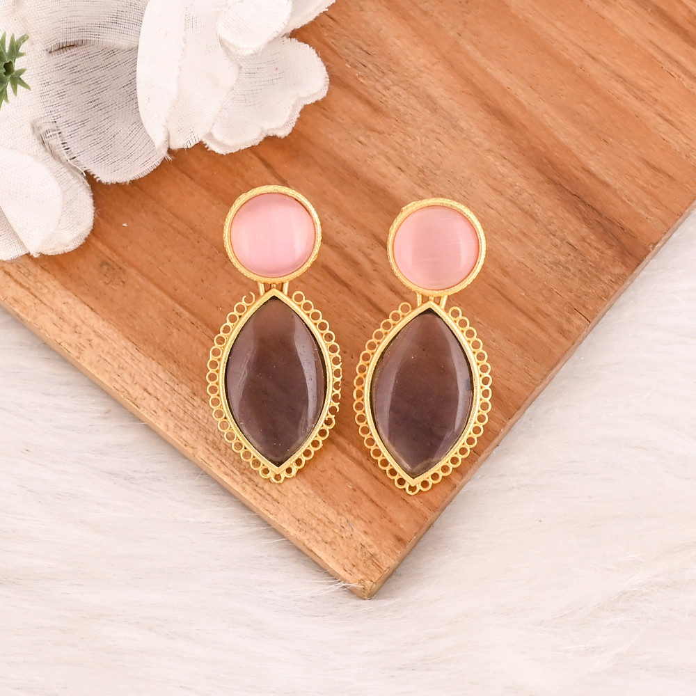 Image of Pink Cat's Eye &amp; Amethyst Hydro Gemstone Brass Earrings Gold Plated Handmade Jewelry for Women Wholesale Lot 10 Pairs