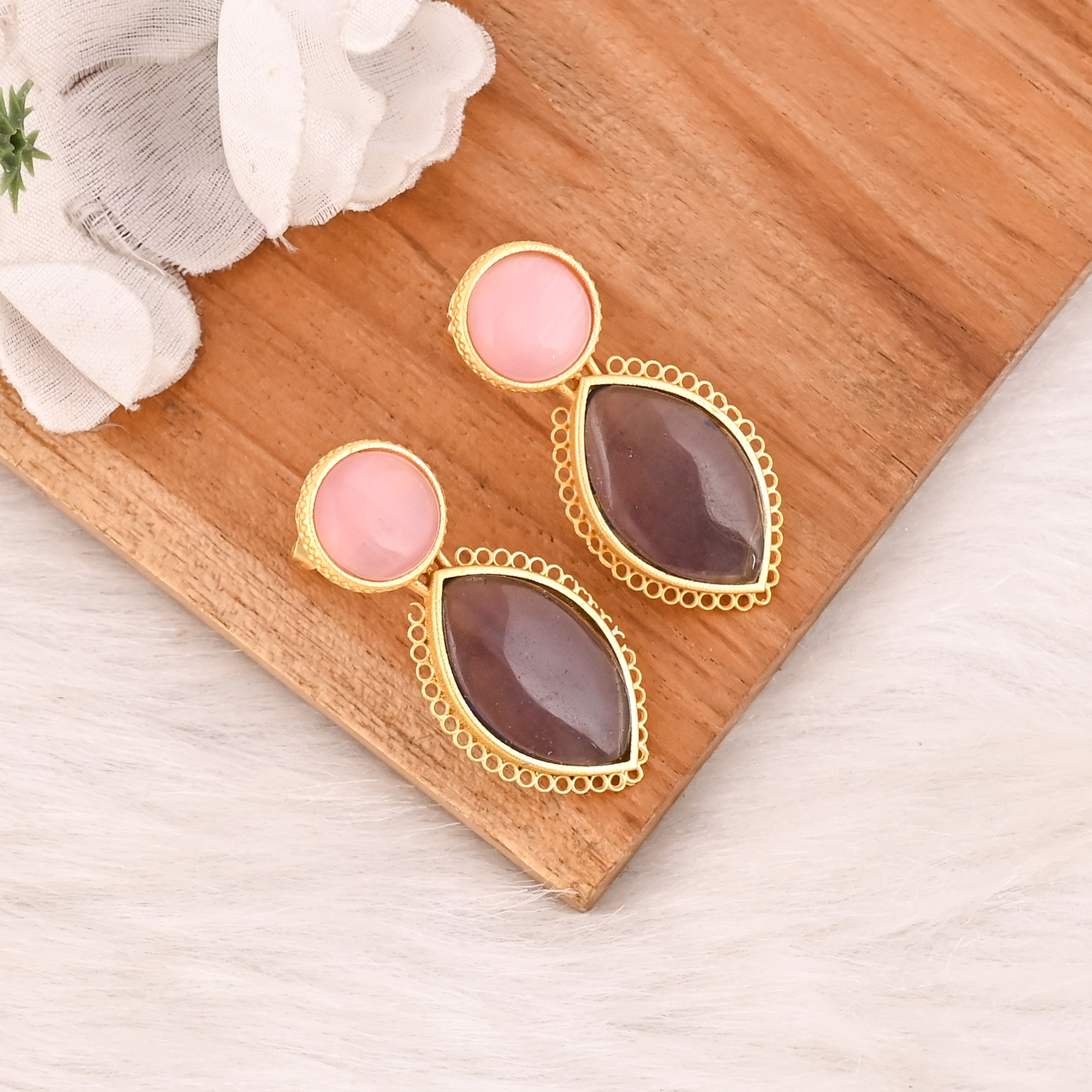 Pink Cats Eye  Amethyst Hydro Gemstone Brass Earrings Gold Plated Handmade Jewelry for Women Wholesale Lot 10 Pairs