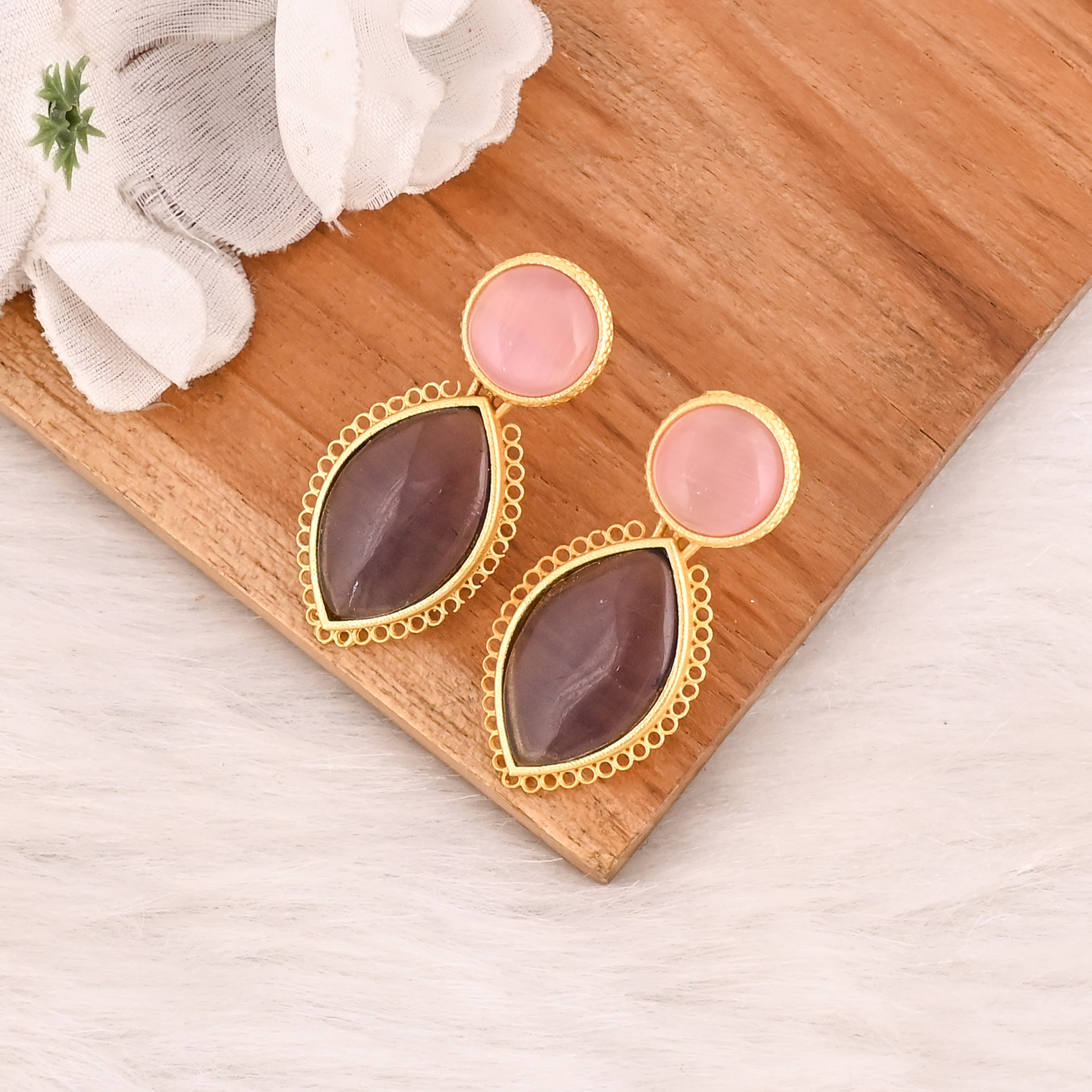 Pink Cats Eye  Amethyst Hydro Gemstone Brass Earrings Gold Plated Handmade Jewelry for Women Wholesale Lot 10 Pairs