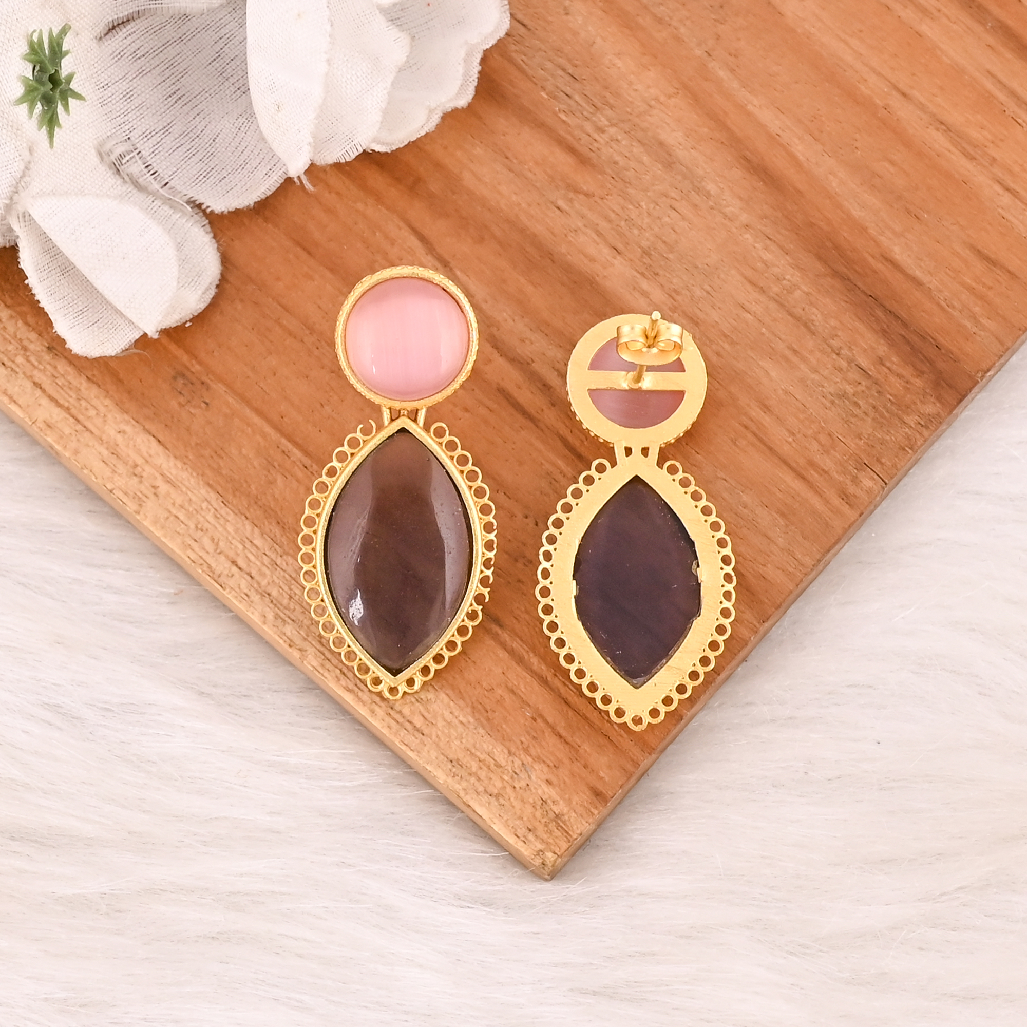 Pink Cats Eye  Amethyst Hydro Gemstone Brass Earrings Gold Plated Handmade Jewelry for Women Wholesale Lot 10 Pairs