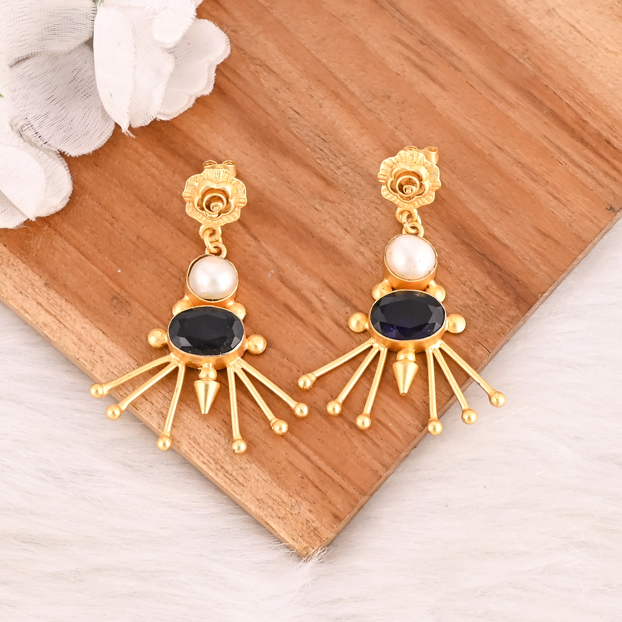 Pearl  Iolite Hydro Gemstone Brass Earrings Gold Plated Handmade Jewelry for Women Wholesale Lot 10 Pairs