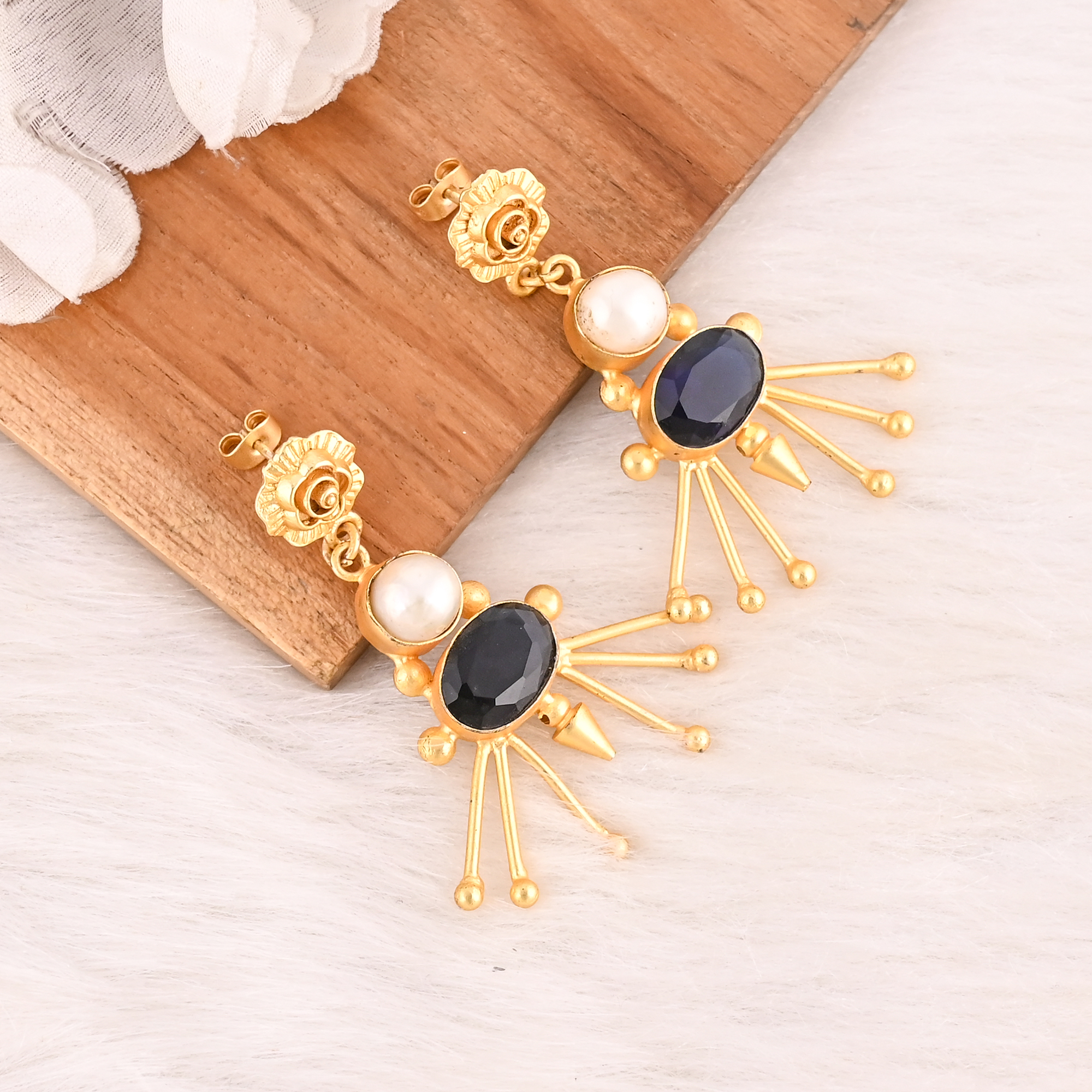 Pearl  Iolite Hydro Gemstone Brass Earrings Gold Plated Handmade Jewelry for Women Wholesale Lot 10 Pairs