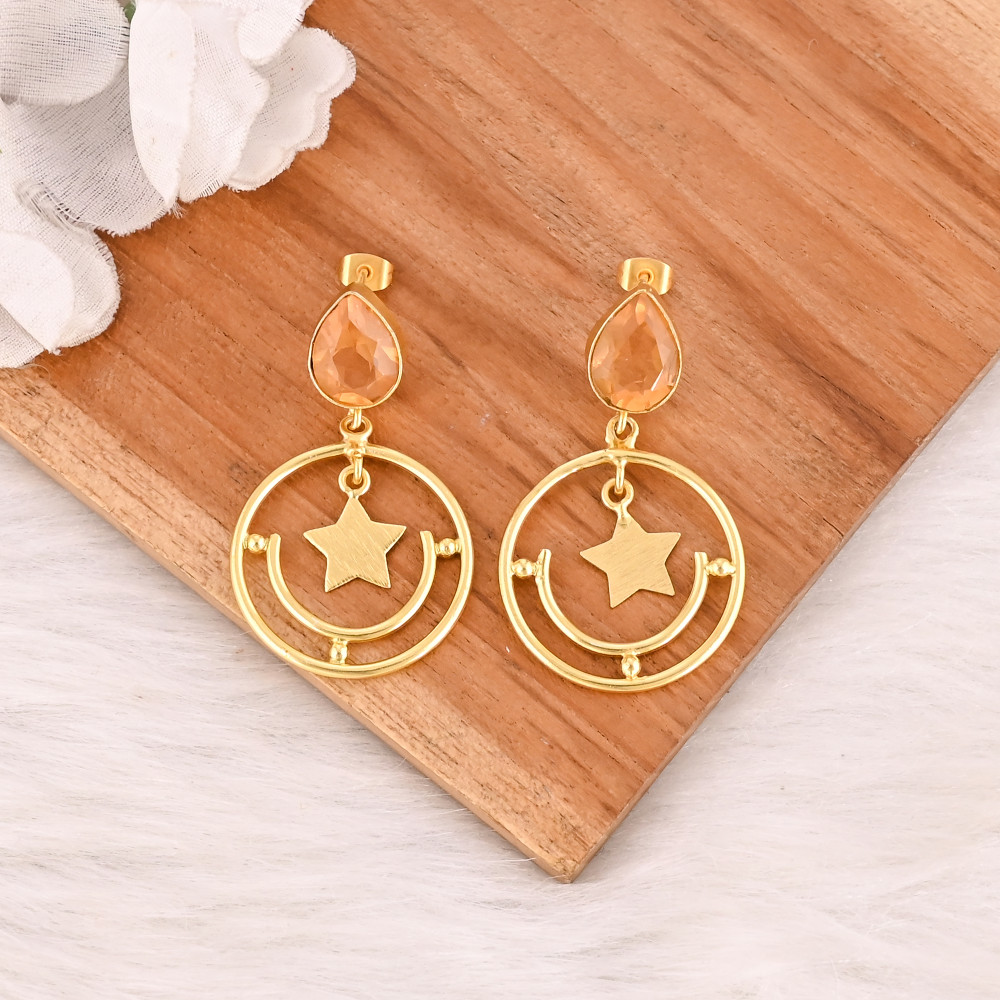 Image of Gold Plated Star Drop Earrings With Champagne Quartz Style Fashion Dangle Jewelry for Women Wholesale Lot 10 Pairs