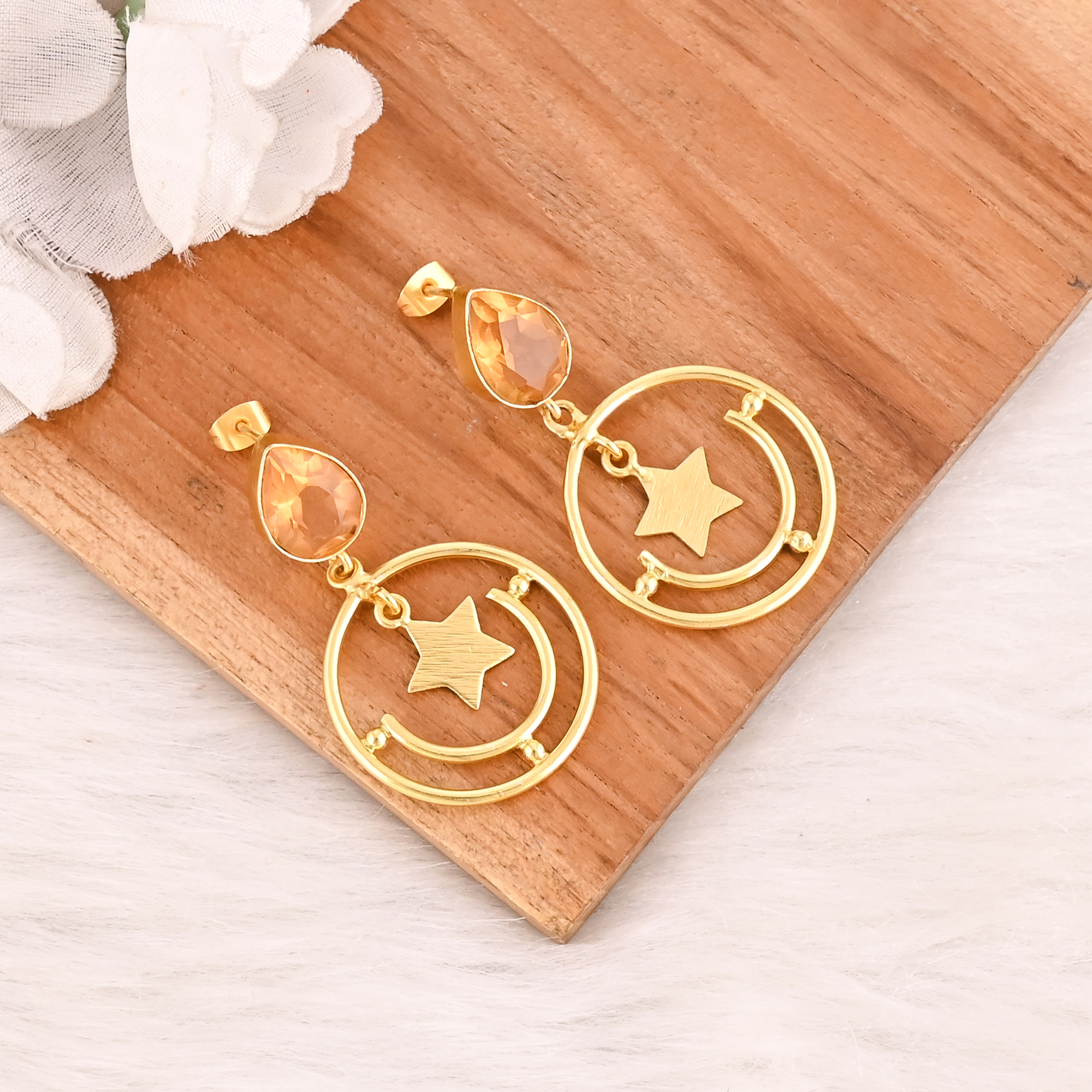 Gold Plated Star Drop Earrings With Champagne Quartz Style Fashion Dangle Jewelry for Women Wholesale Lot 10 Pairs