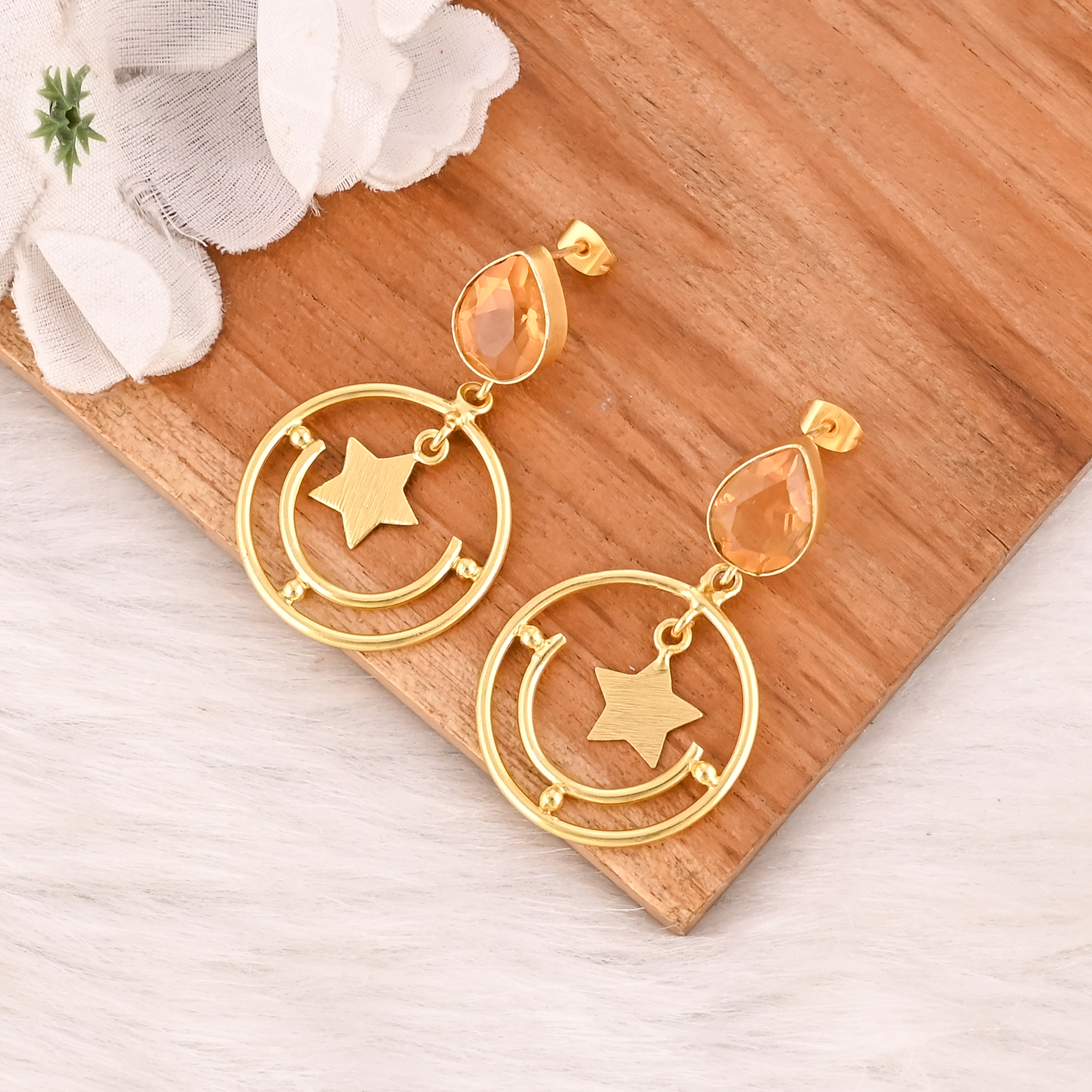 Gold Plated Star Drop Earrings With Champagne Quartz Style Fashion Dangle Jewelry for Women Wholesale Lot 10 Pairs