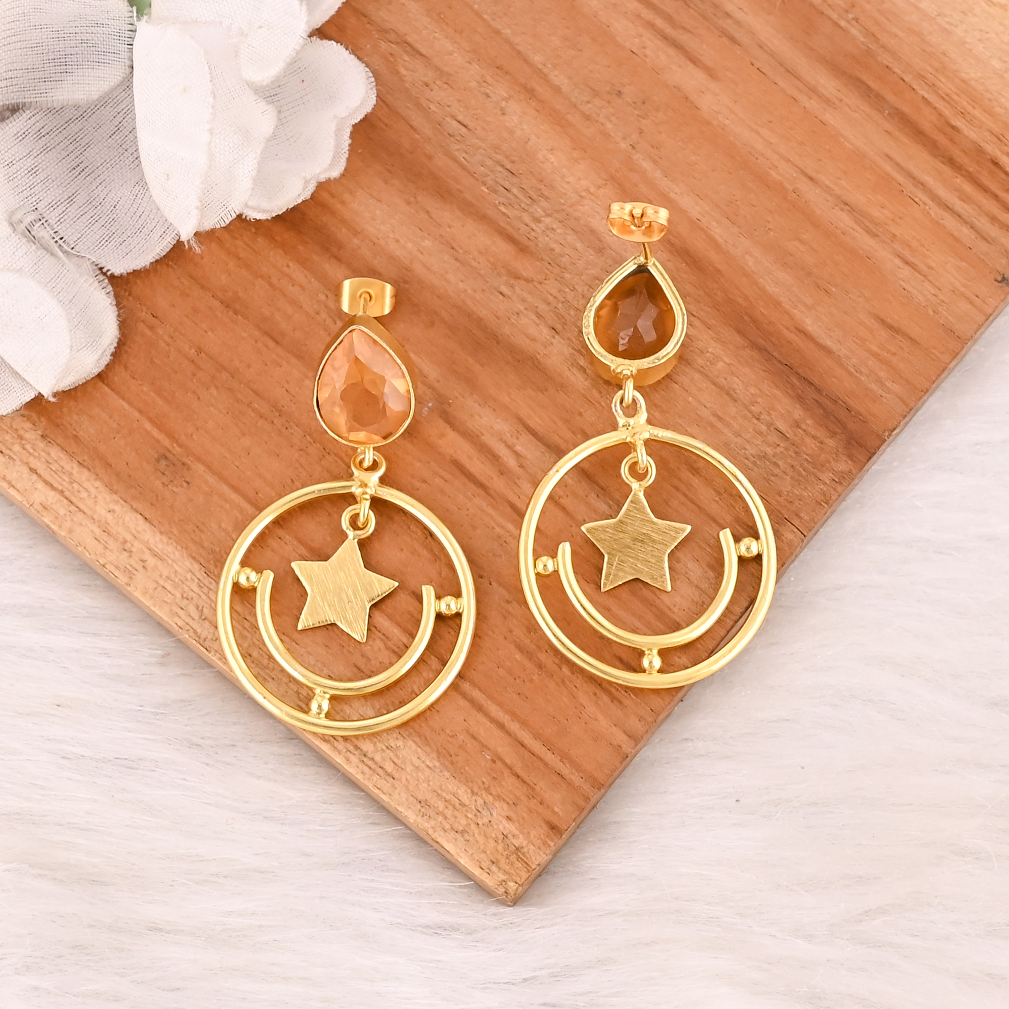 Gold Plated Star Drop Earrings With Champagne Quartz Style Fashion Dangle Jewelry for Women Wholesale Lot 10 Pairs
