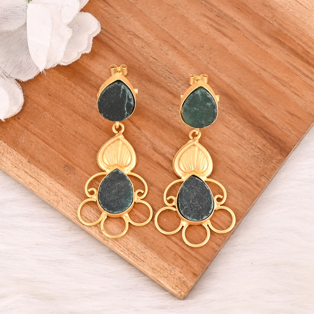 Image of Natural Green Blood Agate Gemstone Brass Earrings Gold Plated Handmade Jewelry for Women Wholesale Lot 10 Pairs