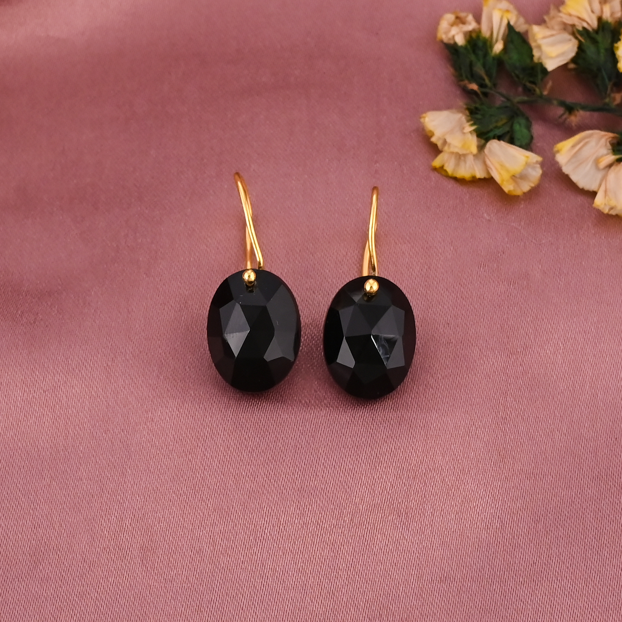 Natural Black Onyx Gemstone Classic Drop Earrings Gold Plated Brass