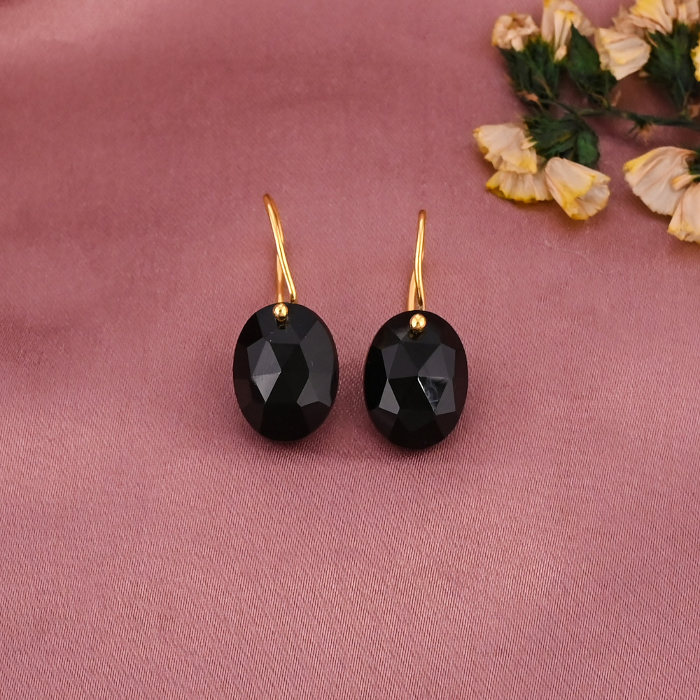 Image of Natural Black Onyx Gemstone Classic Drop Earrings | Gold Plated Brass