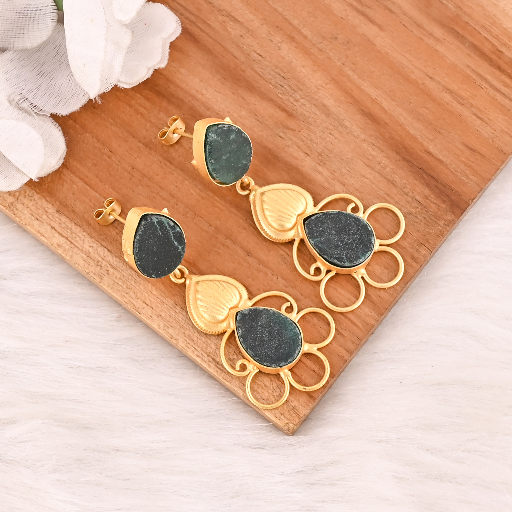 Natural Green Blood Agate Gemstone Brass Earrings Gold Plated Handmade Jewelry for Women Wholesale Lot 10 Pairs