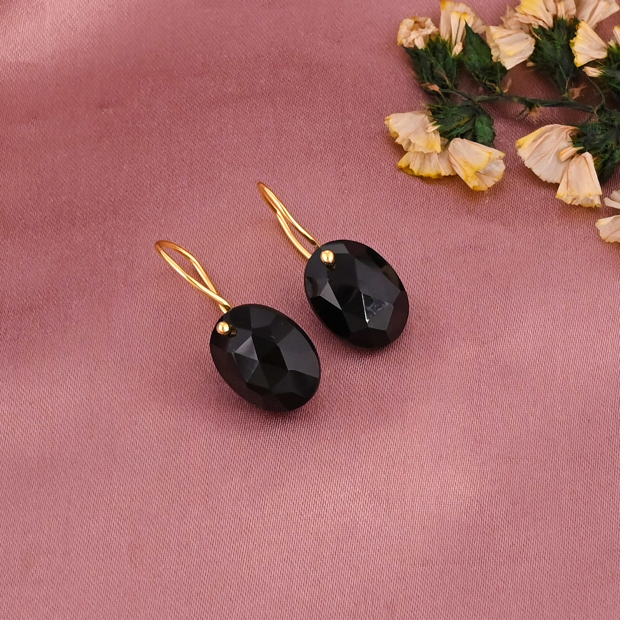 Natural Black Onyx Gemstone Classic Drop Earrings  Gold Plated Brass