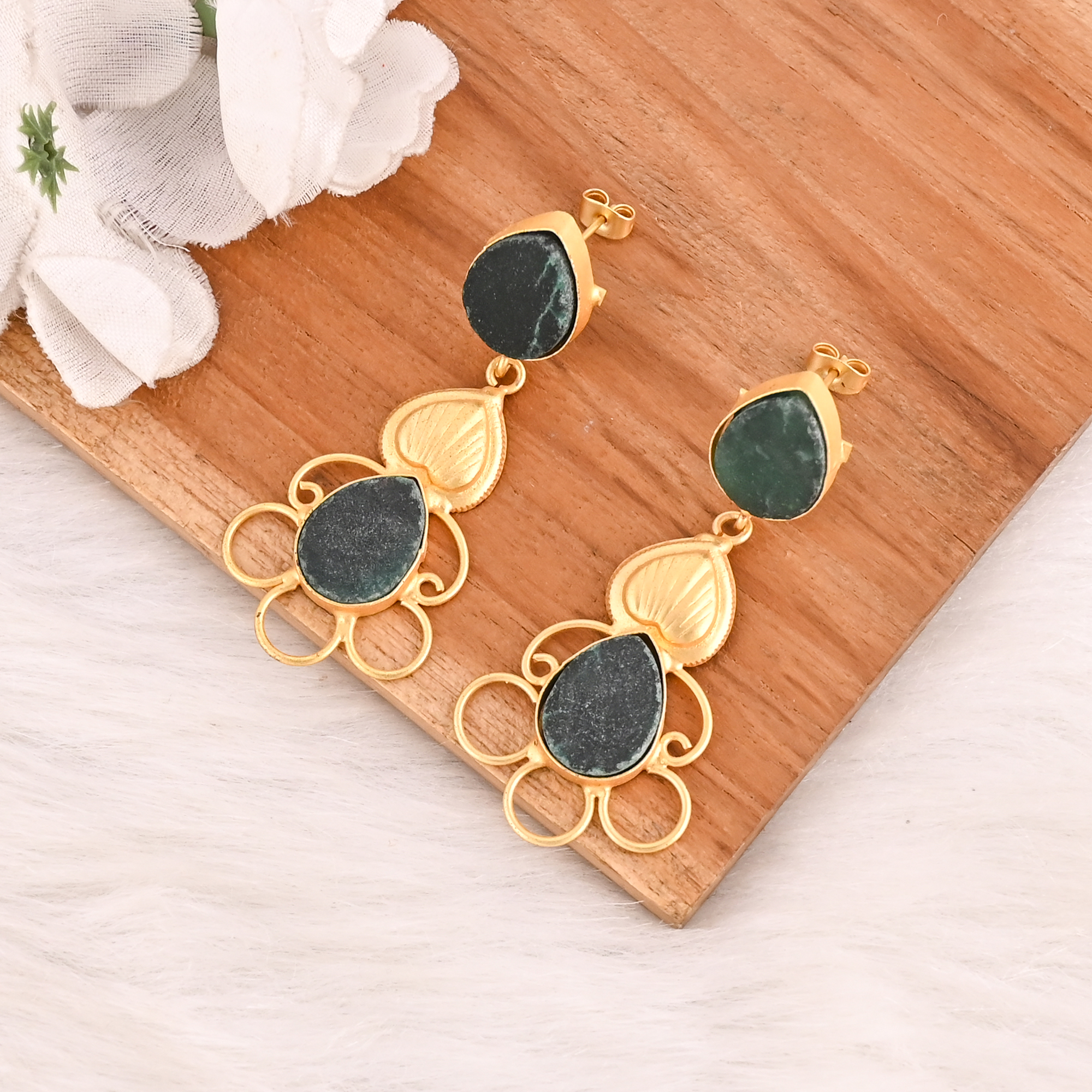 Natural Green Blood Agate Gemstone Brass Earrings Gold Plated Handmade Jewelry for Women Wholesale Lot 10 Pairs