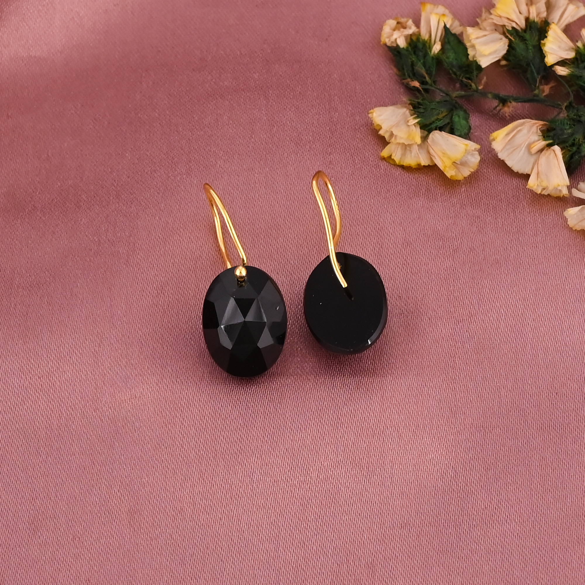 Natural Black Onyx Gemstone Classic Drop Earrings  Gold Plated Brass