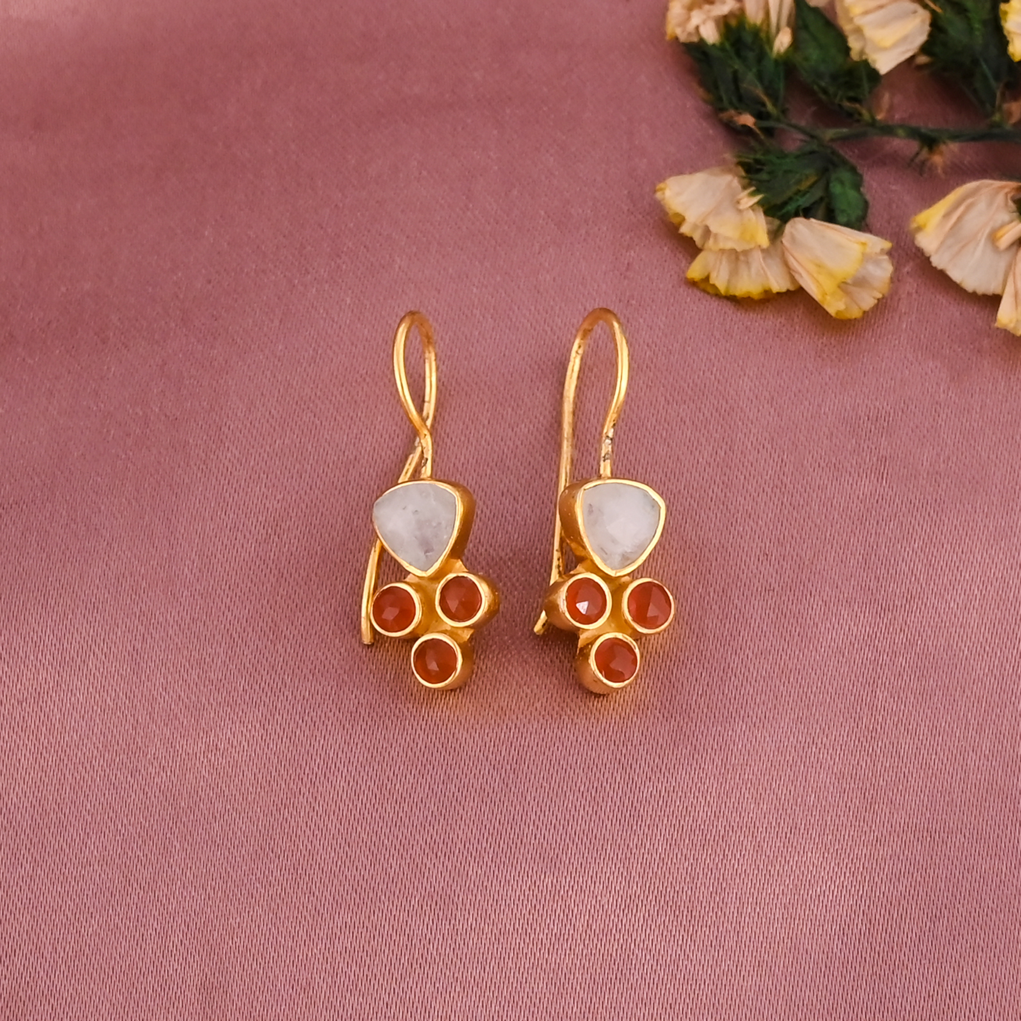 Red Onyx Rainbow Moonstone Silver Earrings