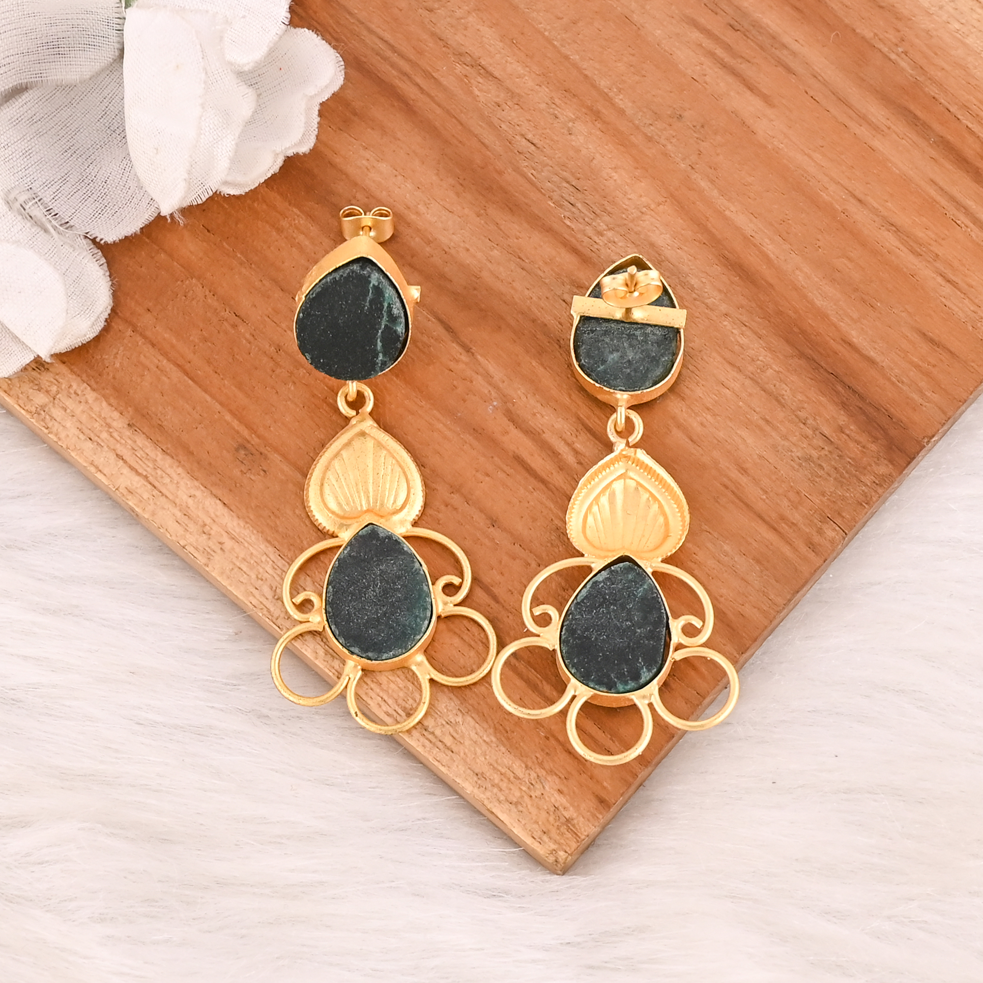 Natural Green Blood Agate Gemstone Brass Earrings Gold Plated Handmade Jewelry for Women Wholesale Lot 10 Pairs