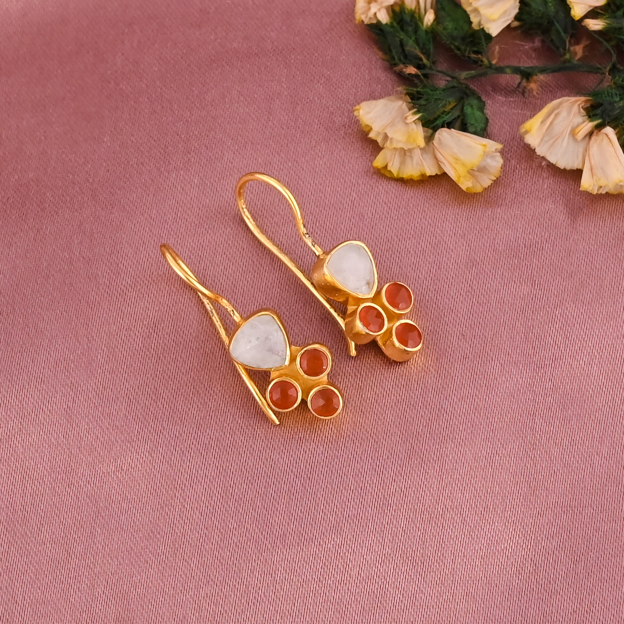 Red Onyx Rainbow Moonstone Silver Earrings