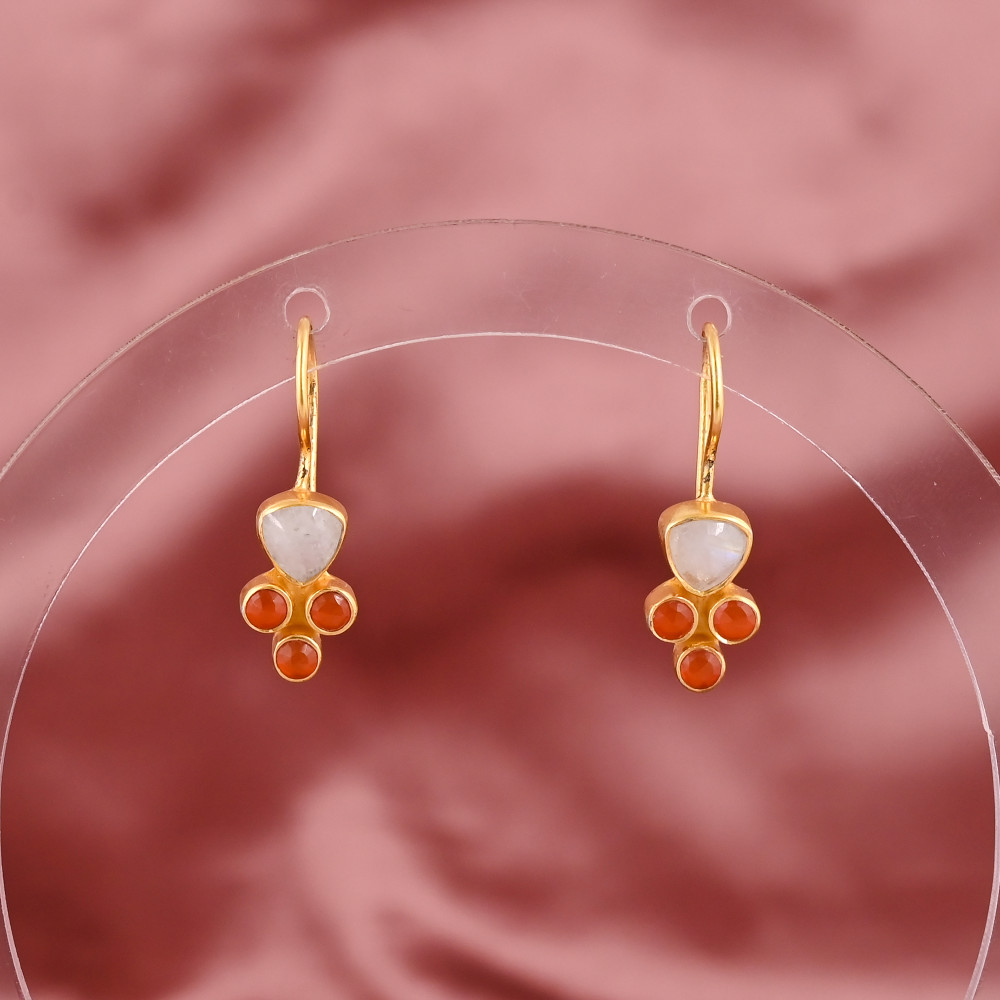 Image of Floral Moonstone Onyx Dangle Earrings | Gold Plated 925 Silver