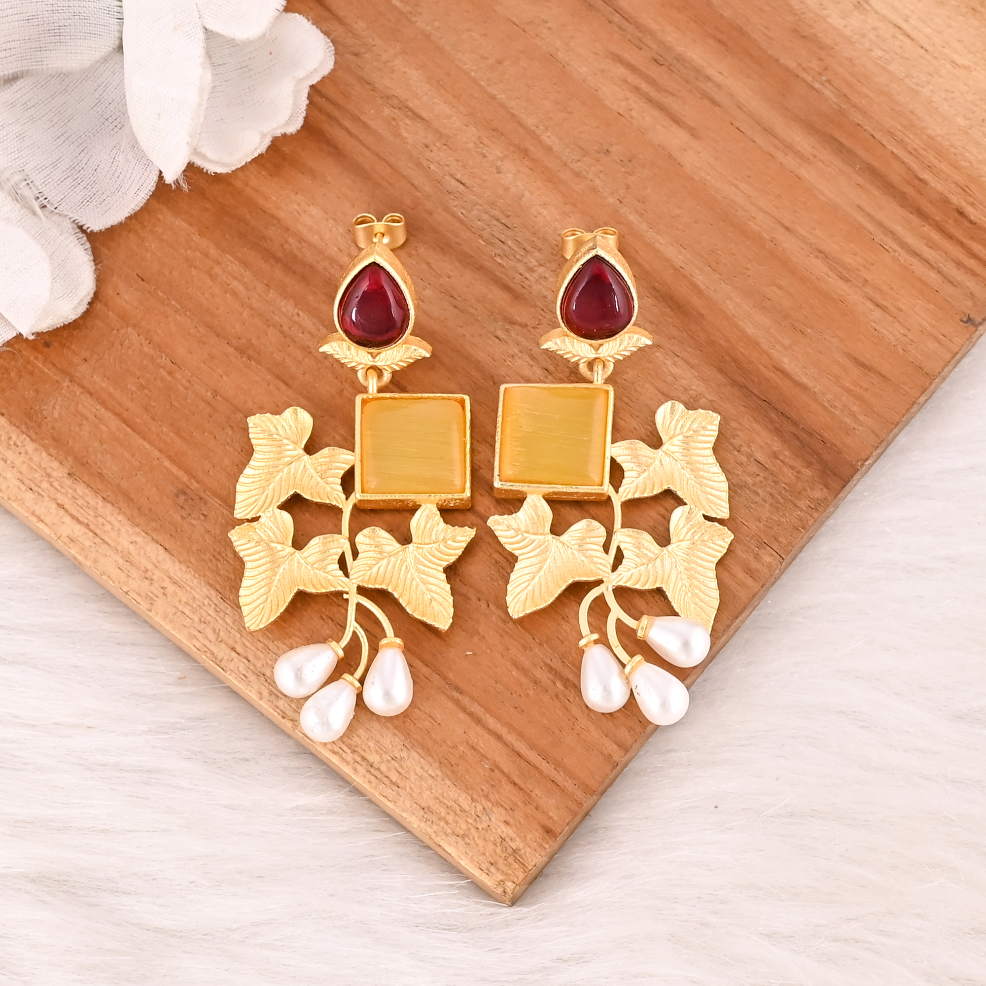Yellow Cats Eye Pearl  Garnet Hydro Gemstone Brass Earrings Gold Plated Jewelry for Women  Wholesale Lot 10 Pairs