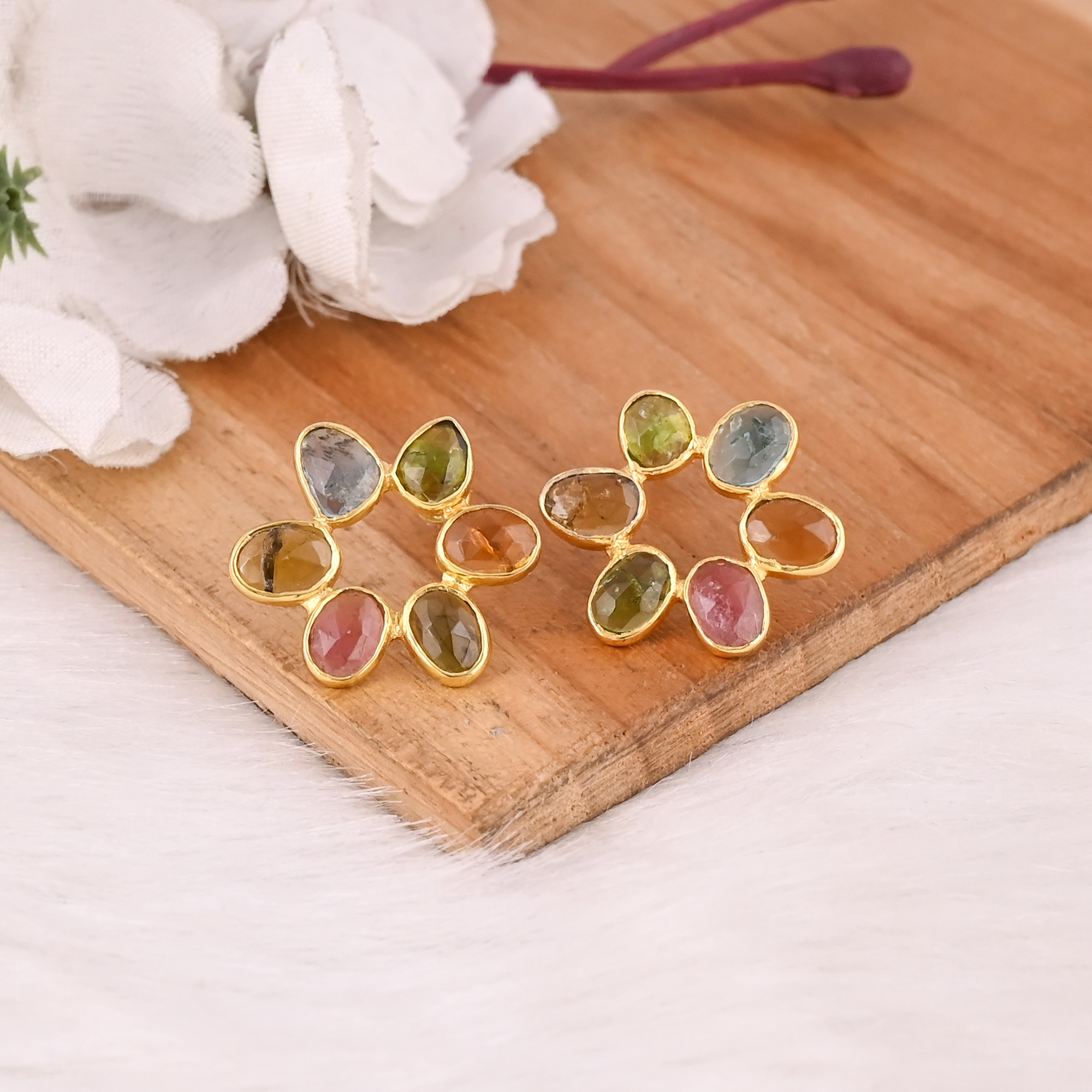 Elegant Design Multi Tourmaline Gemstone Stud Earrings 925 Sterling Silver Beautiful Handmade Women Earrings Gift for Her