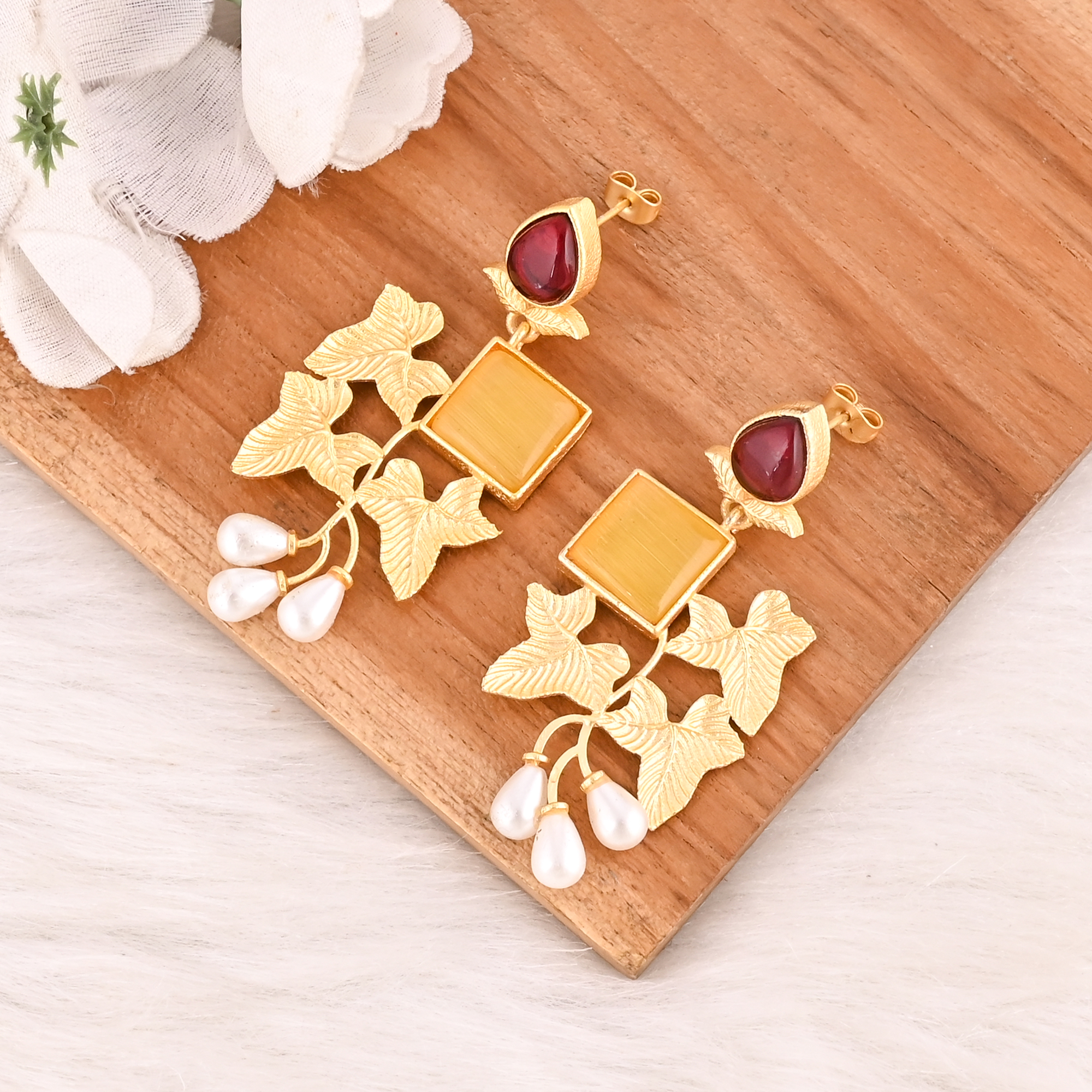 Yellow Cats Eye Pearl  Garnet Hydro Gemstone Brass Earrings Gold Plated Jewelry for Women  Wholesale Lot 10 Pairs