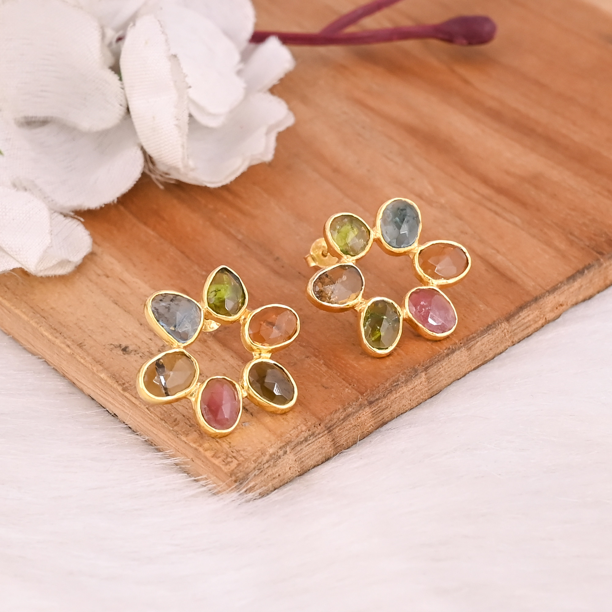 Elegant Design Multi Tourmaline Gemstone Stud Earrings 925 Sterling Silver Beautiful Handmade Women Earrings Gift for Her