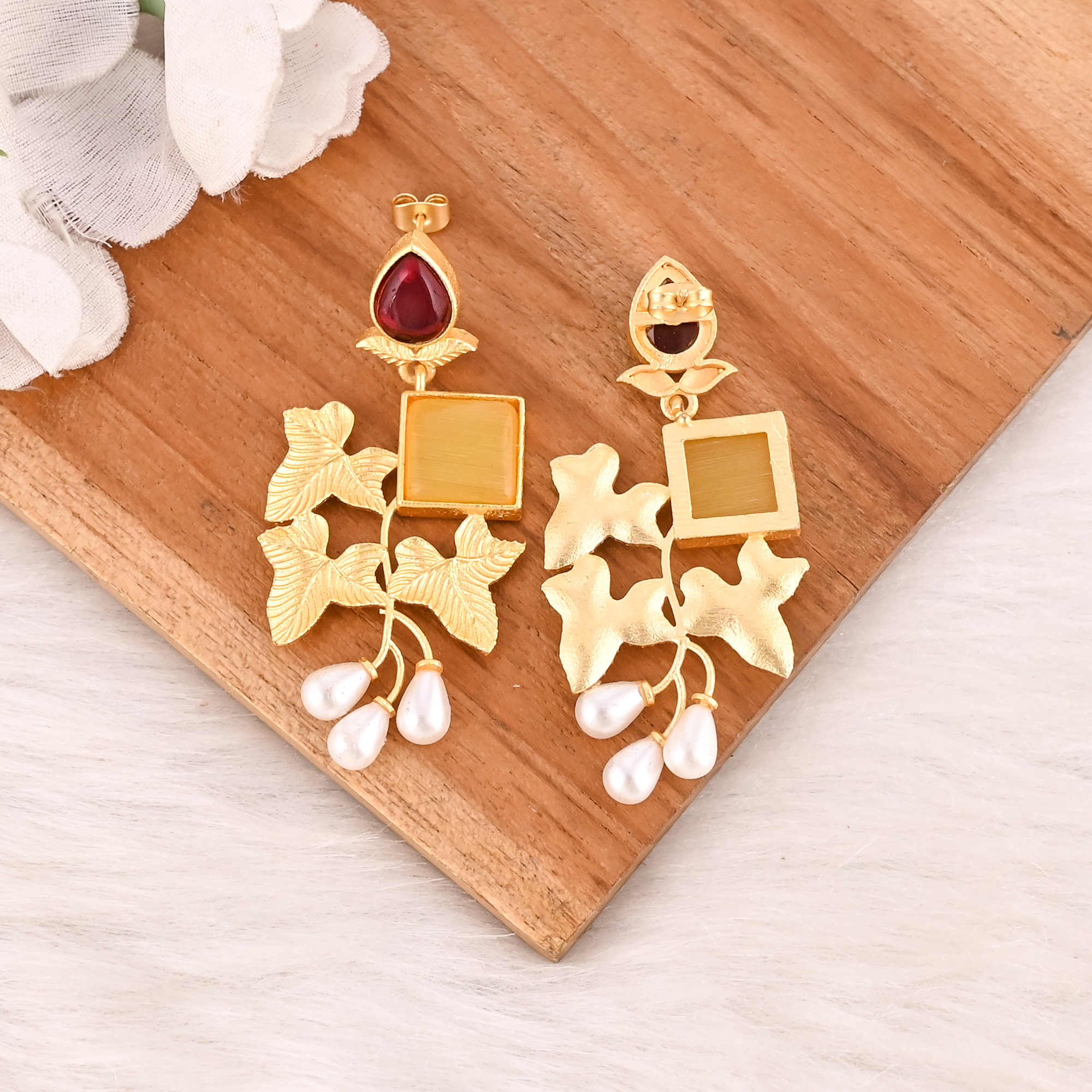 Yellow Cats Eye Pearl  Garnet Hydro Gemstone Brass Earrings Gold Plated Jewelry for Women  Wholesale Lot 10 Pairs