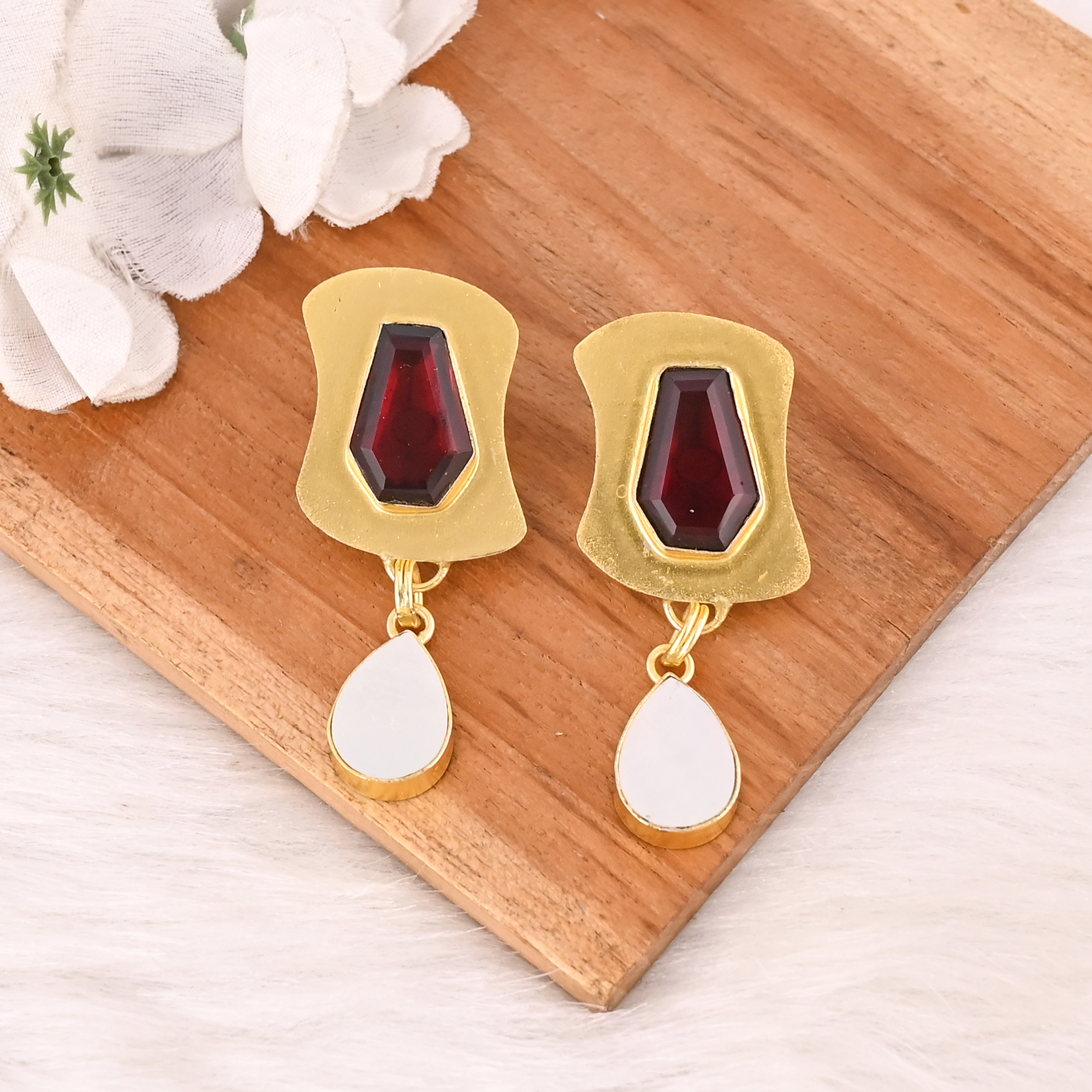 Garnet Hydro  Mother of Pearl Gemstone Brass Earrings Gold Plated Handmade Jewelry for Women Wholesale Lot 10 Pairs