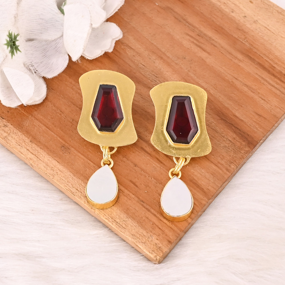 Image of Garnet Hydro &amp; Mother of Pearl Gemstone Brass Earrings Gold Plated Handmade Jewelry for Women Wholesale Lot 10 Pairs