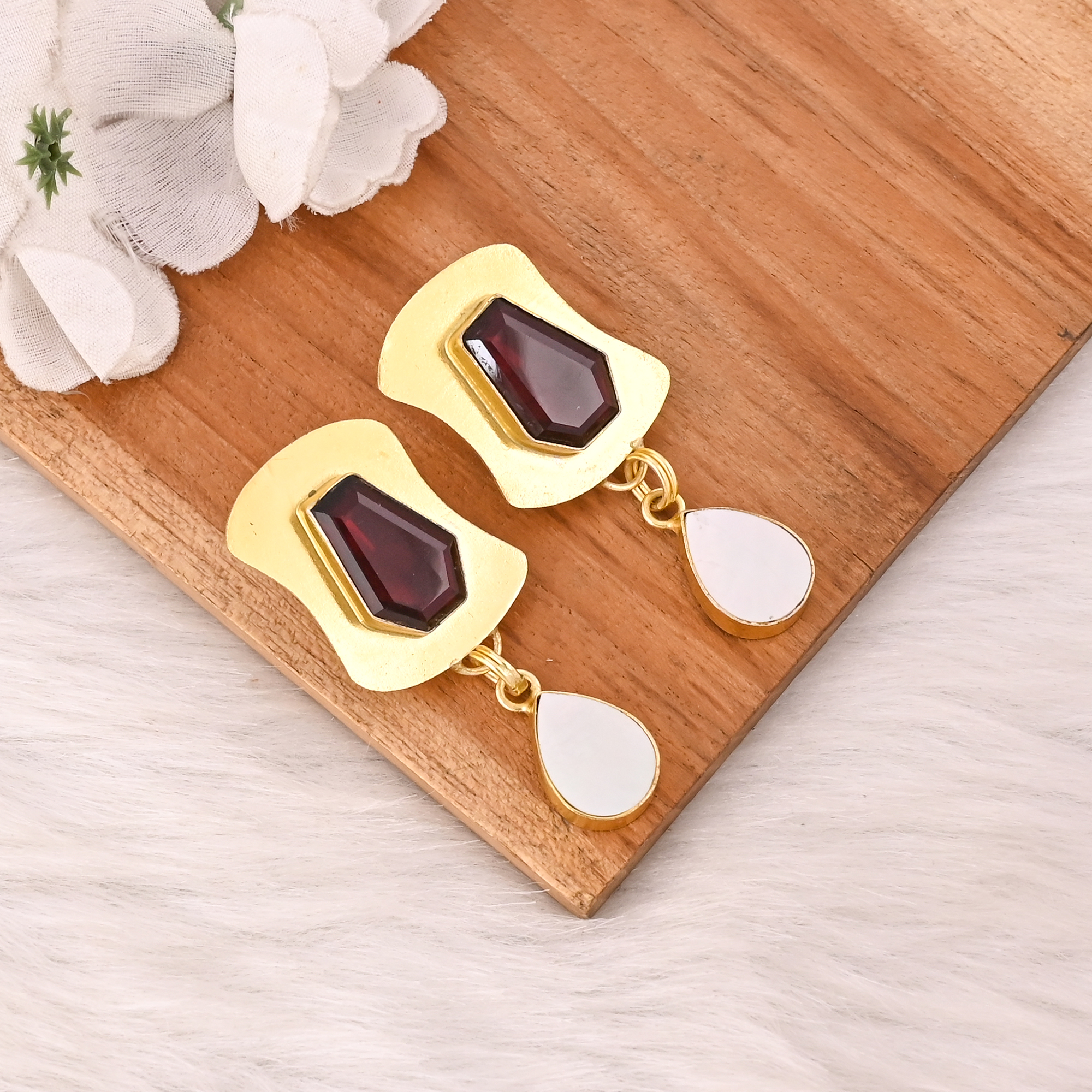 Garnet Hydro  Mother of Pearl Gemstone Brass Earrings Gold Plated Handmade Jewelry for Women Wholesale Lot 10 Pairs