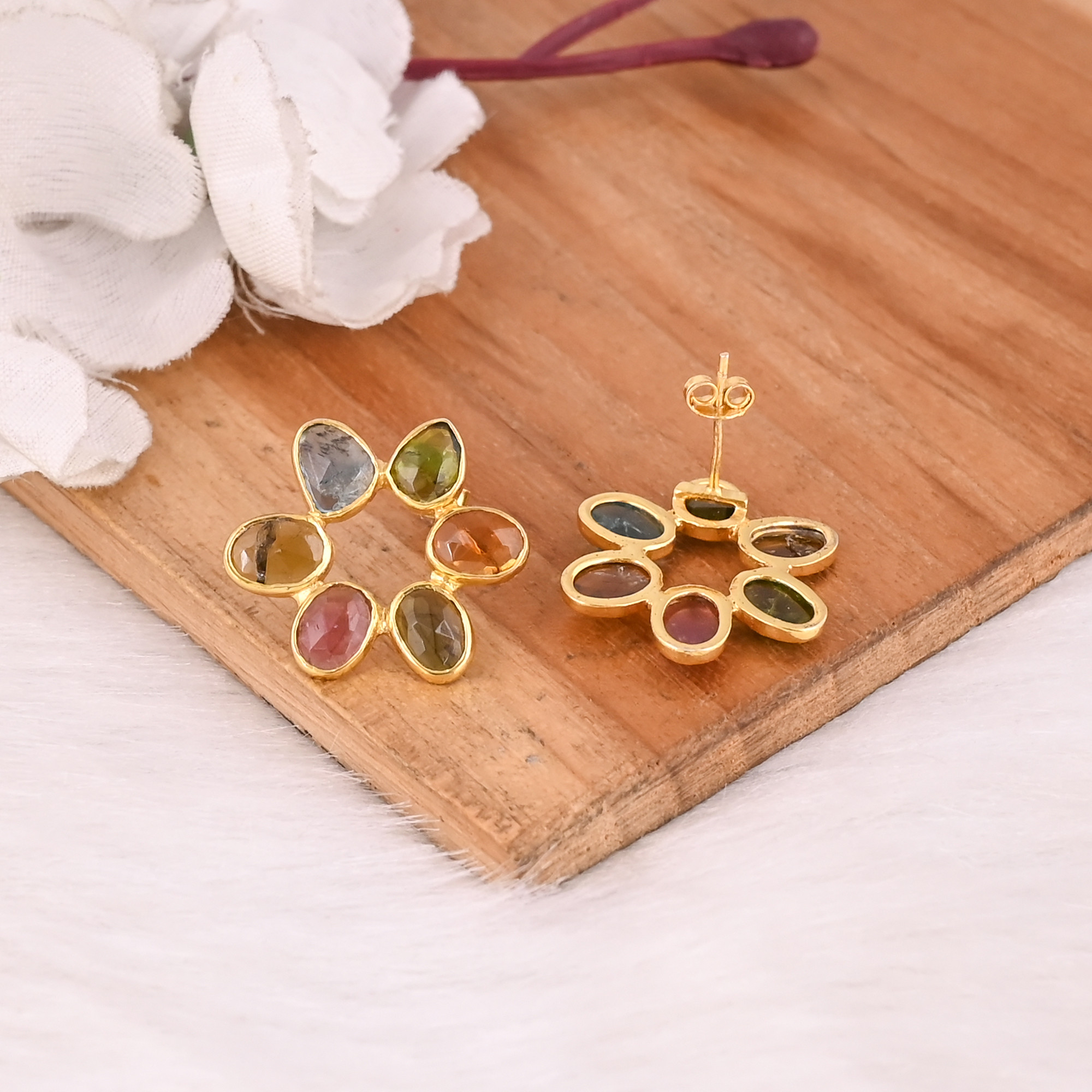 Elegant Design Multi Tourmaline Gemstone Stud Earrings 925 Sterling Silver Beautiful Handmade Women Earrings Gift for Her