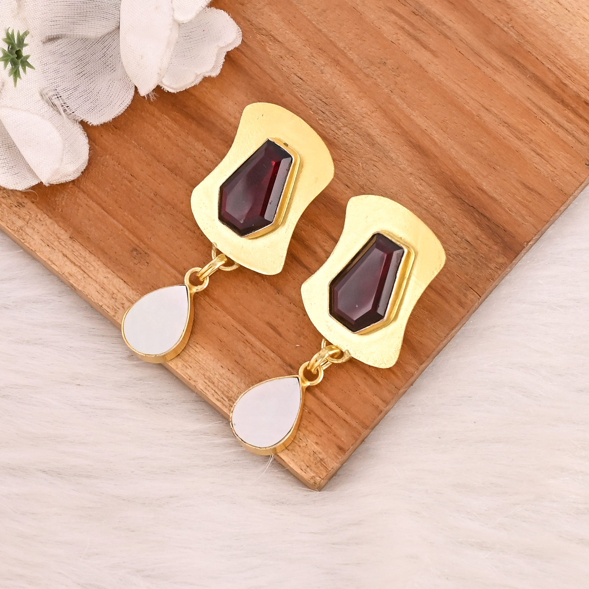 Garnet Hydro  Mother of Pearl Gemstone Brass Earrings Gold Plated Handmade Jewelry for Women Wholesale Lot 10 Pairs