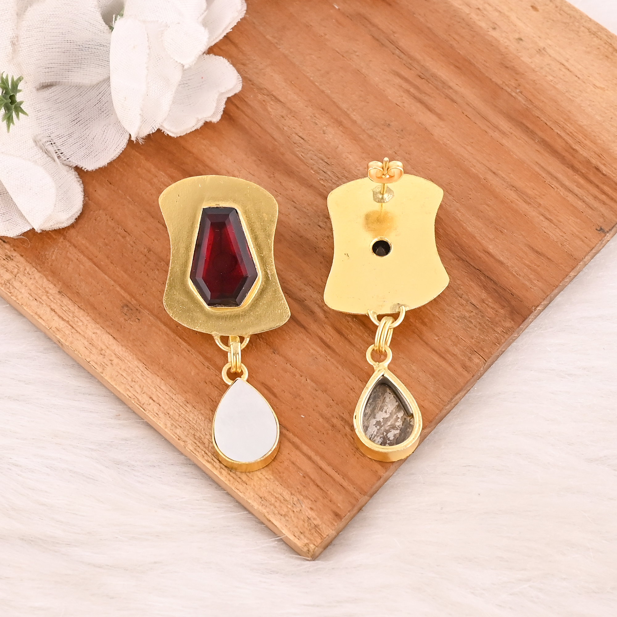 Garnet Hydro  Mother of Pearl Gemstone Brass Earrings Gold Plated Handmade Jewelry for Women Wholesale Lot 10 Pairs