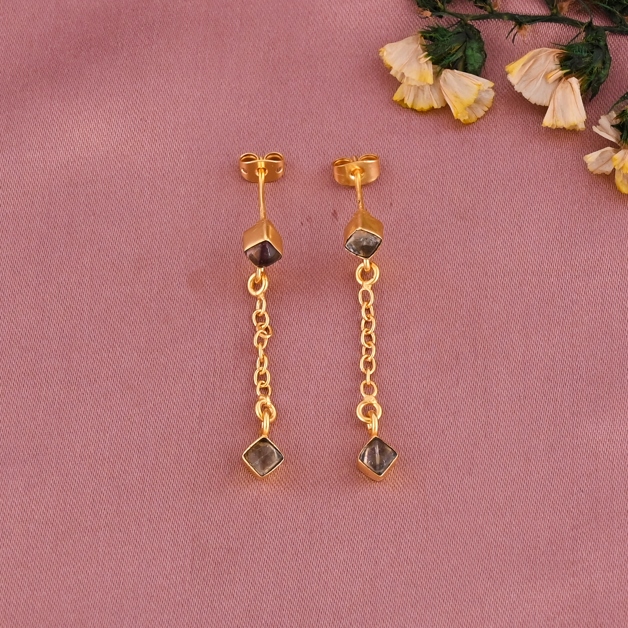 Natural Smoky Quartz Gemstone Dangling Chain Drop Earrings  Womens Trendy Gold Plated Brass