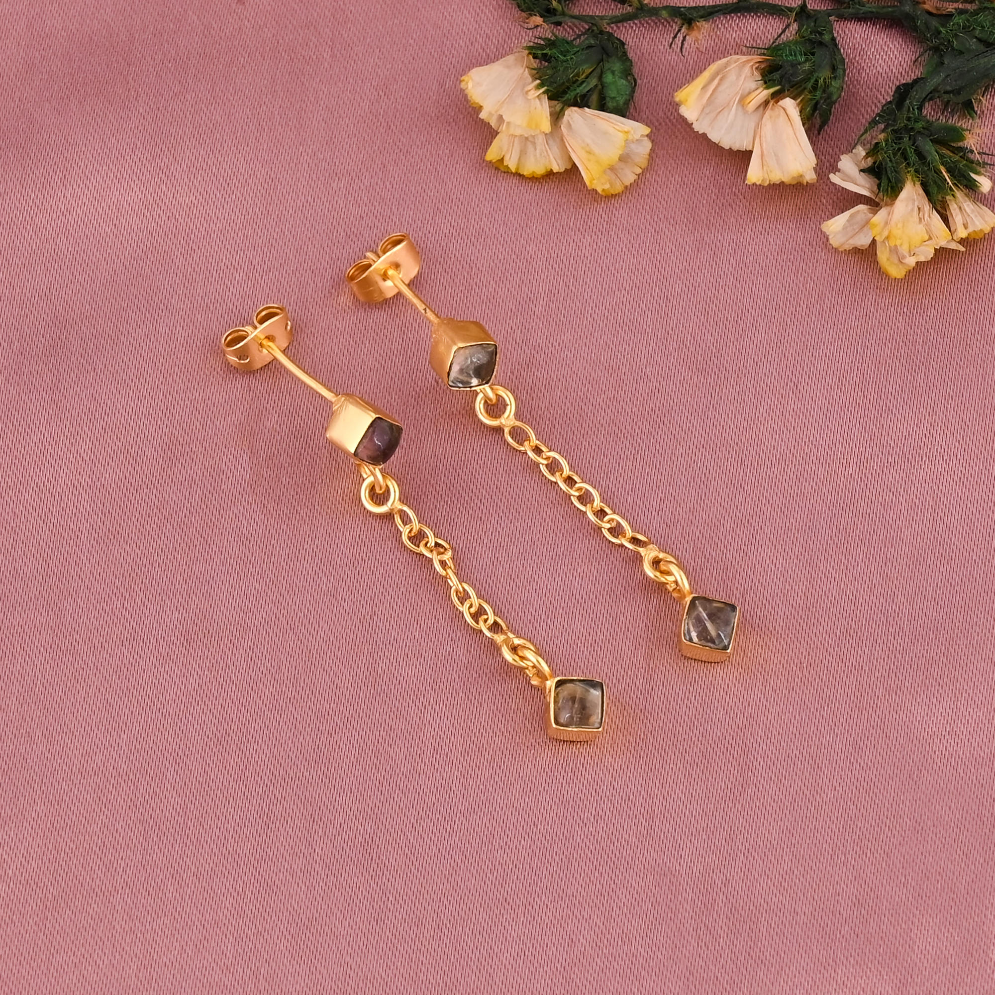 Natural Smoky Quartz Gemstone Dangling Chain Drop Earrings  Womens Trendy Gold Plated Brass