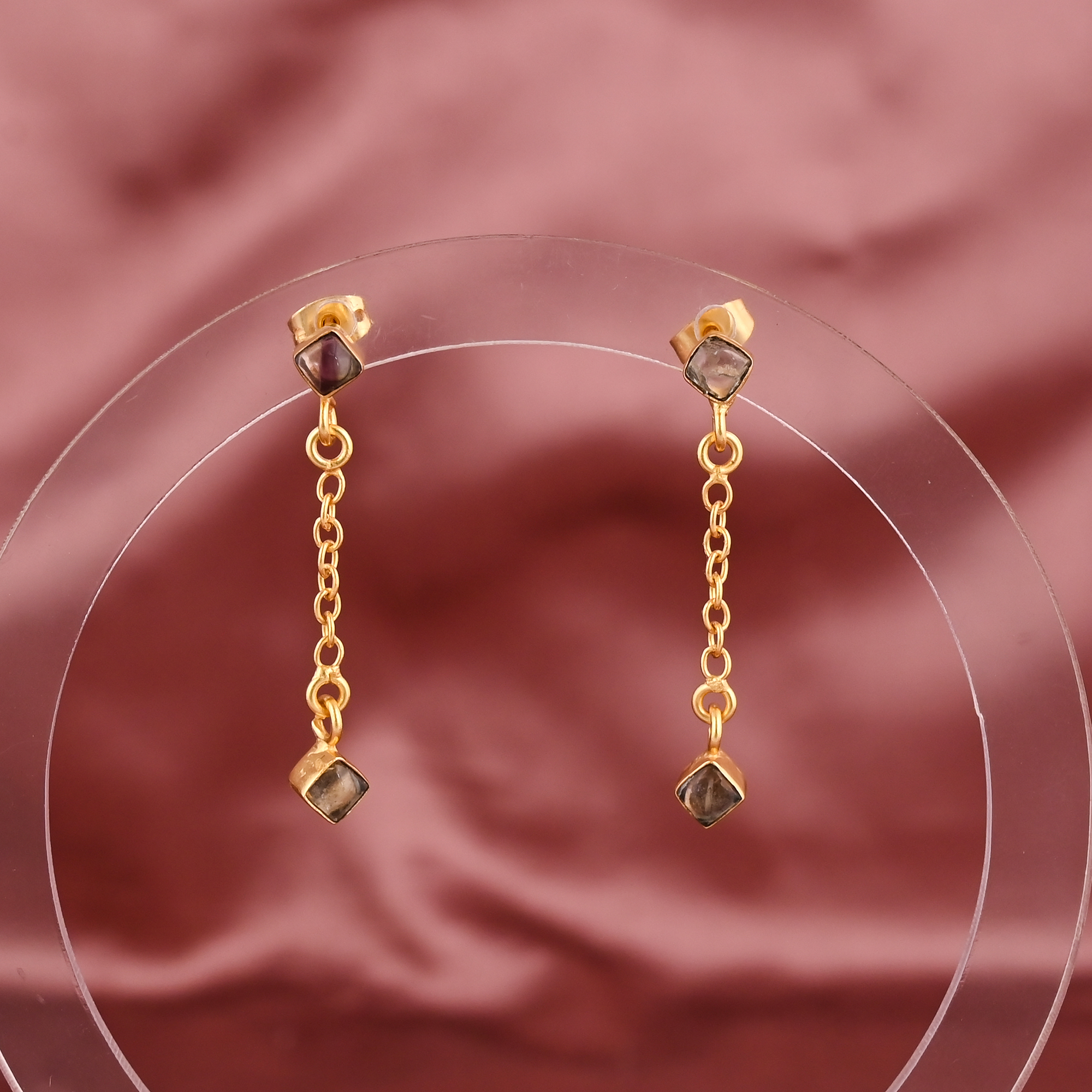 Natural Smoky Quartz Gemstone Dangling Chain Drop Earrings  Womens Trendy Gold Plated Brass