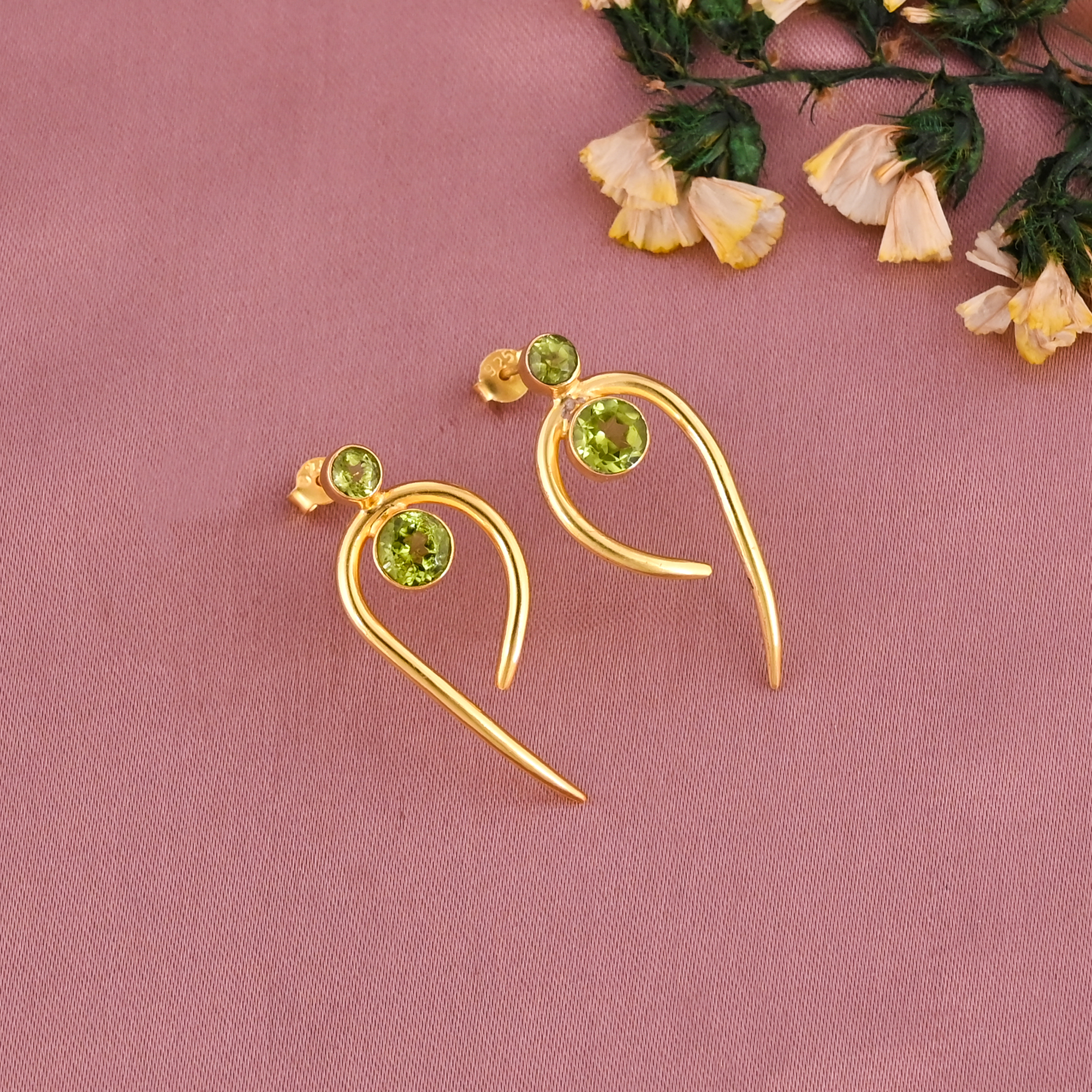 Natural Peridot Gemstone Stylish Stud Earrings  Gold Plated Brass