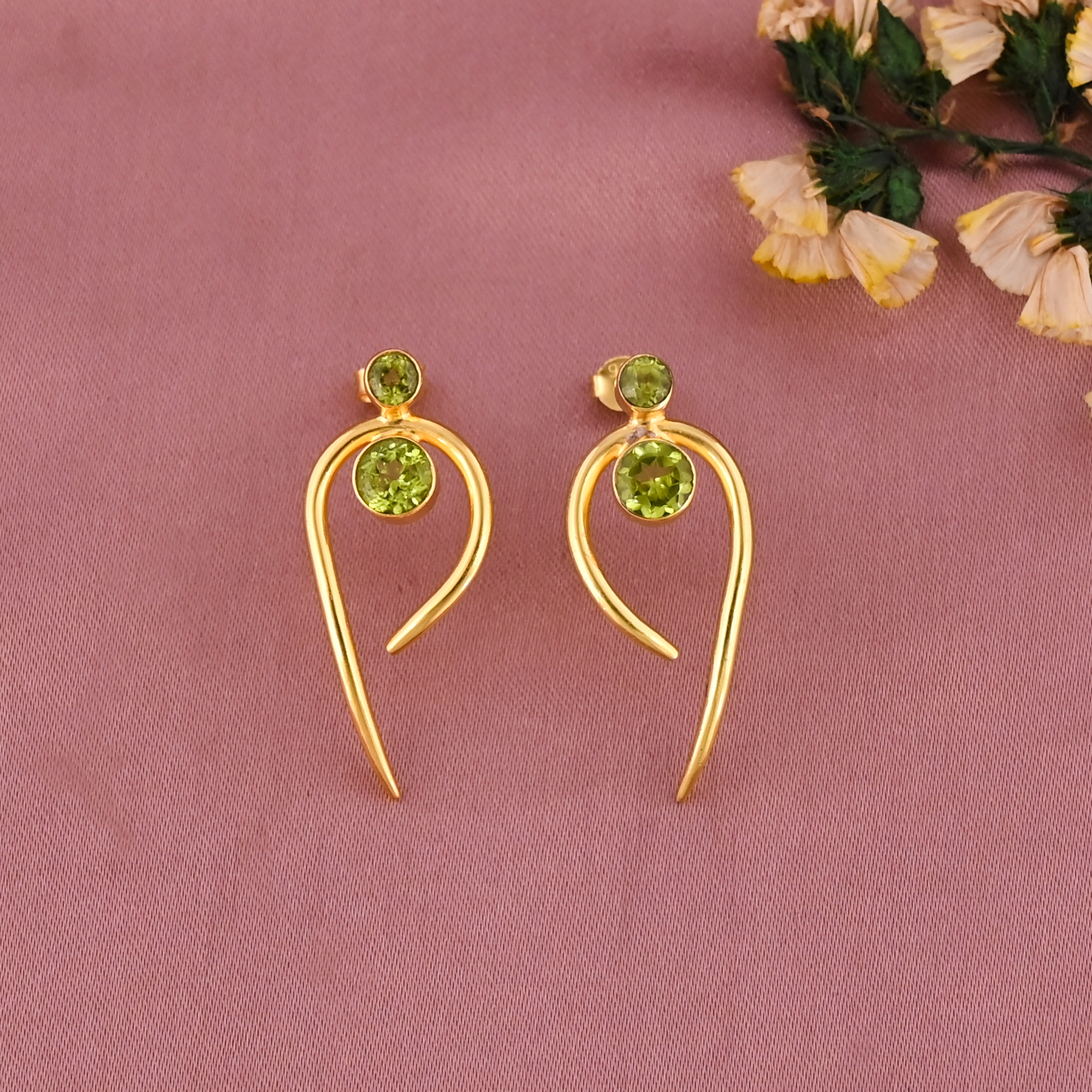 Natural Peridot Gemstone Stylish Stud Earrings  Gold Plated Brass