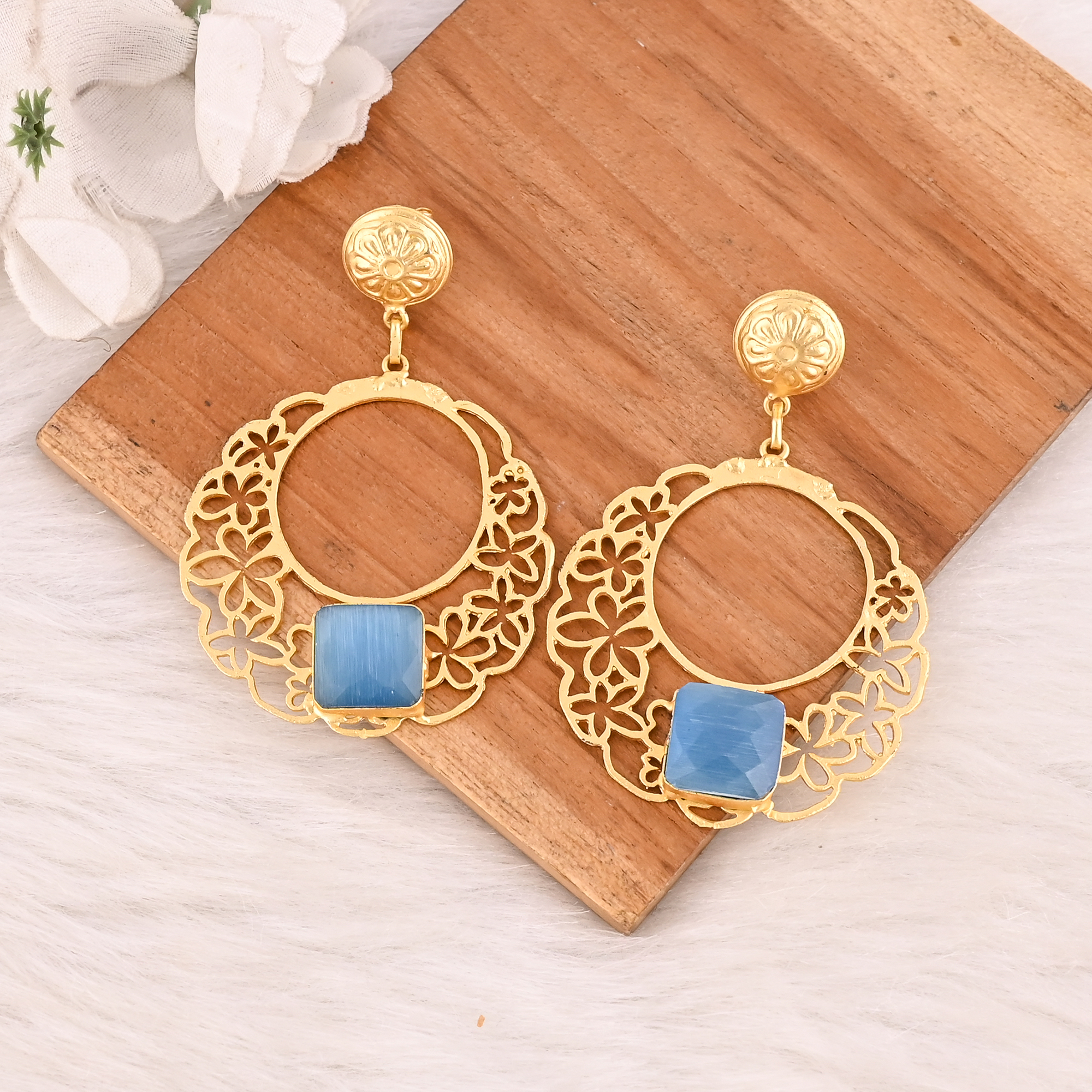 Blue Cats Eye Gemstone Designer Earrings Gold Plated Handmade Jewelry for Women  Wholesale Lot 10 Pairs