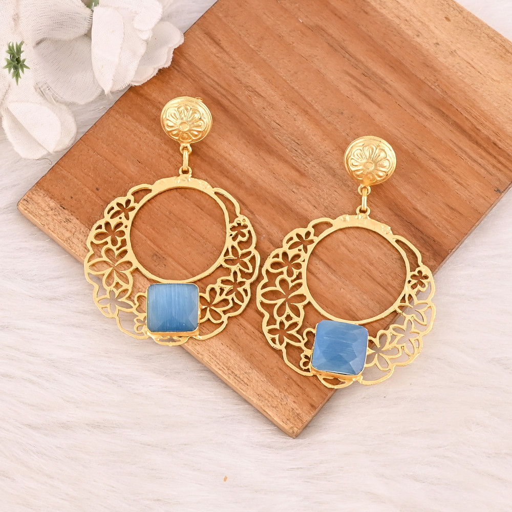 Image of Blue Cat's Eye Gemstone Designer Earrings Gold Plated Handmade Jewelry for Women  Wholesale Lot 10 Pairs