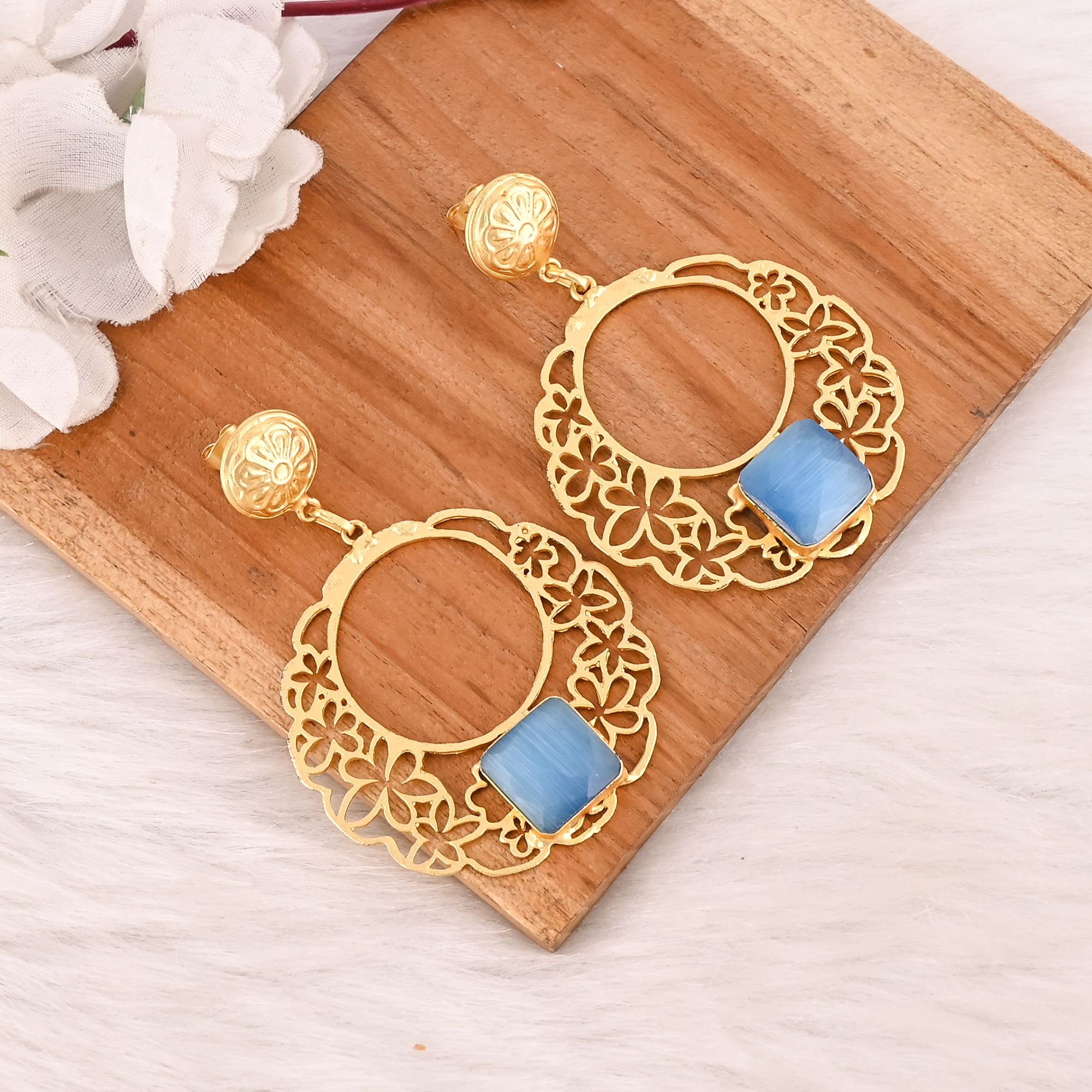 Blue Cats Eye Gemstone Designer Earrings Gold Plated Handmade Jewelry for Women  Wholesale Lot 10 Pairs