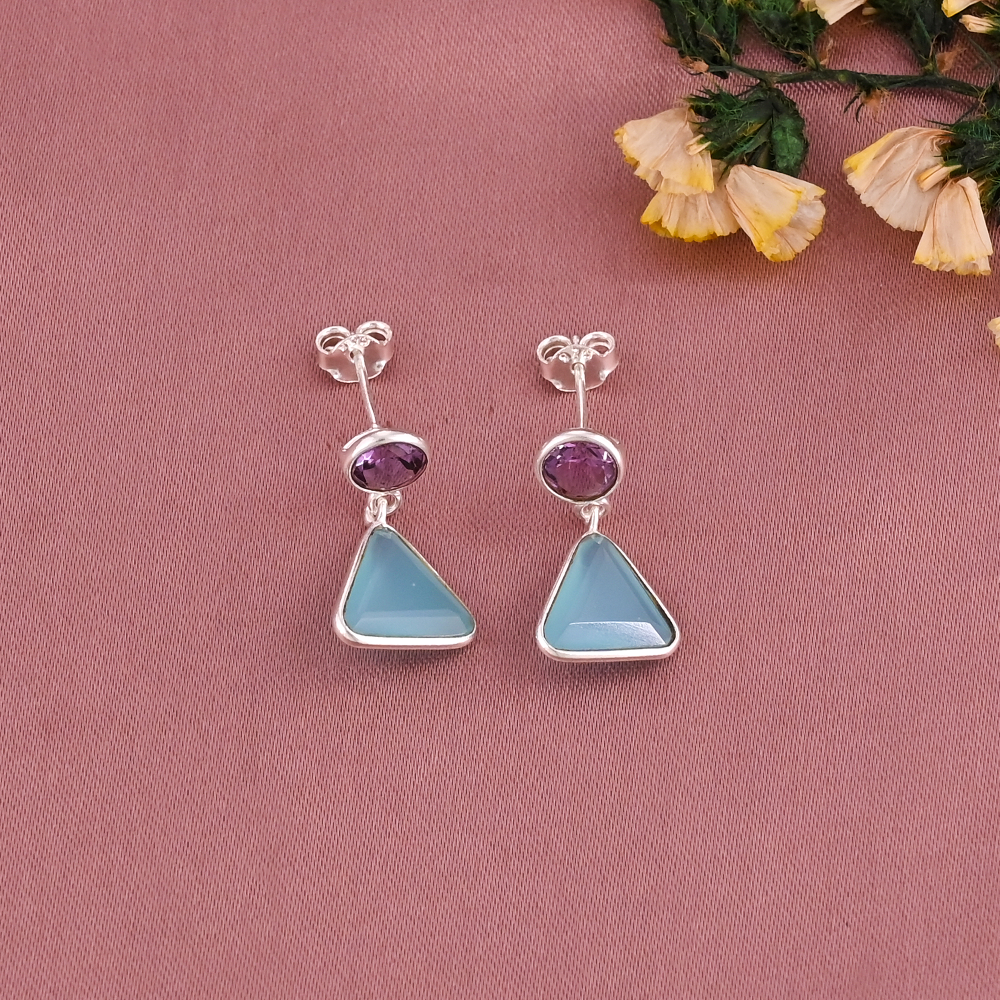 Natural Amethyst Aqua Chalcedony Gemstone Drop Earring 925 Sterling Silver