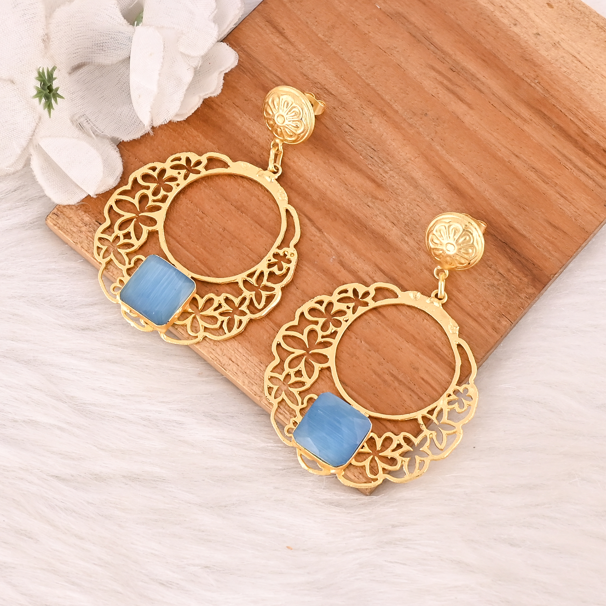 Blue Cats Eye Gemstone Designer Earrings Gold Plated Handmade Jewelry for Women  Wholesale Lot 10 Pairs