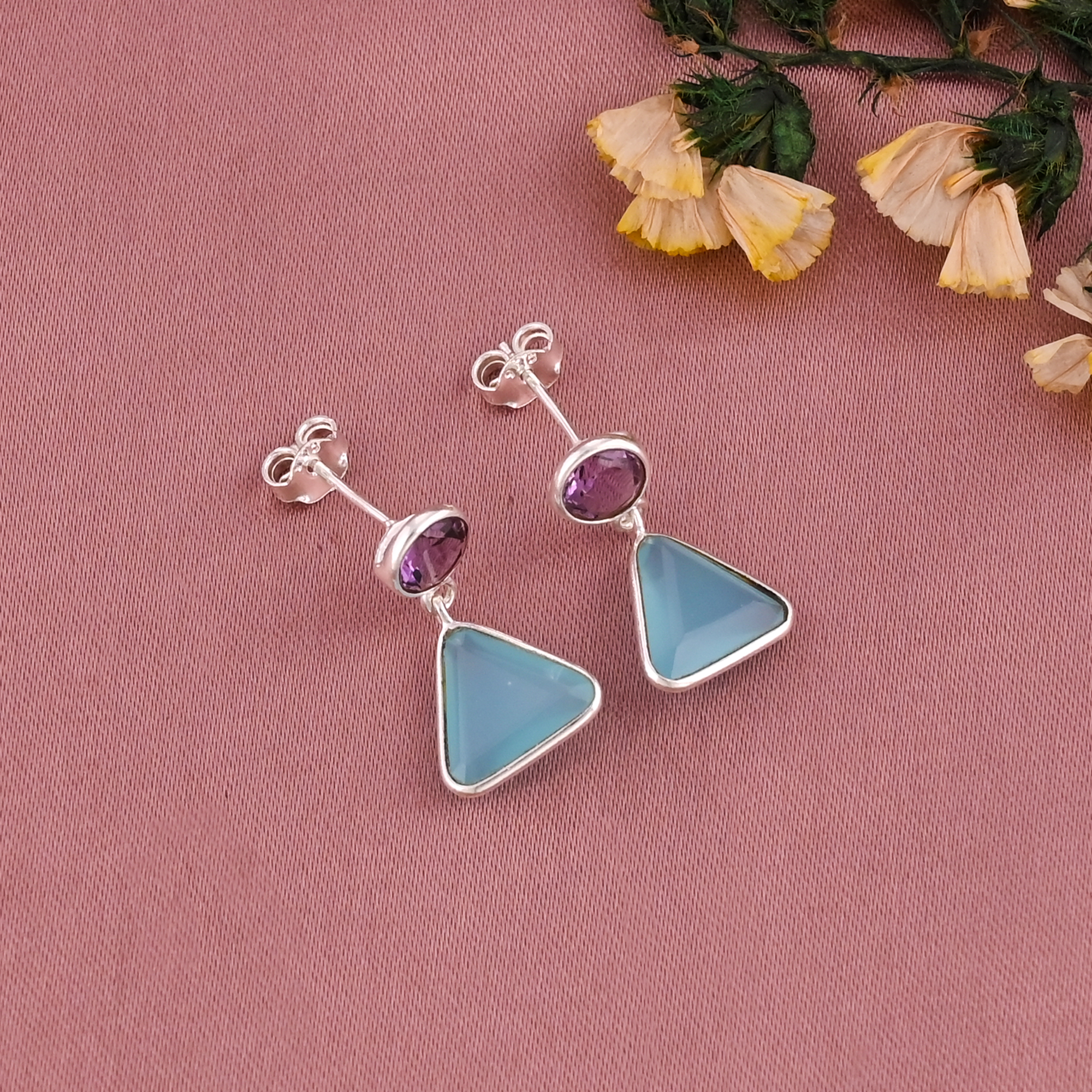 Natural Amethyst  Aqua Chalcedony Gemstone Drop Earring  925 Sterling Silver