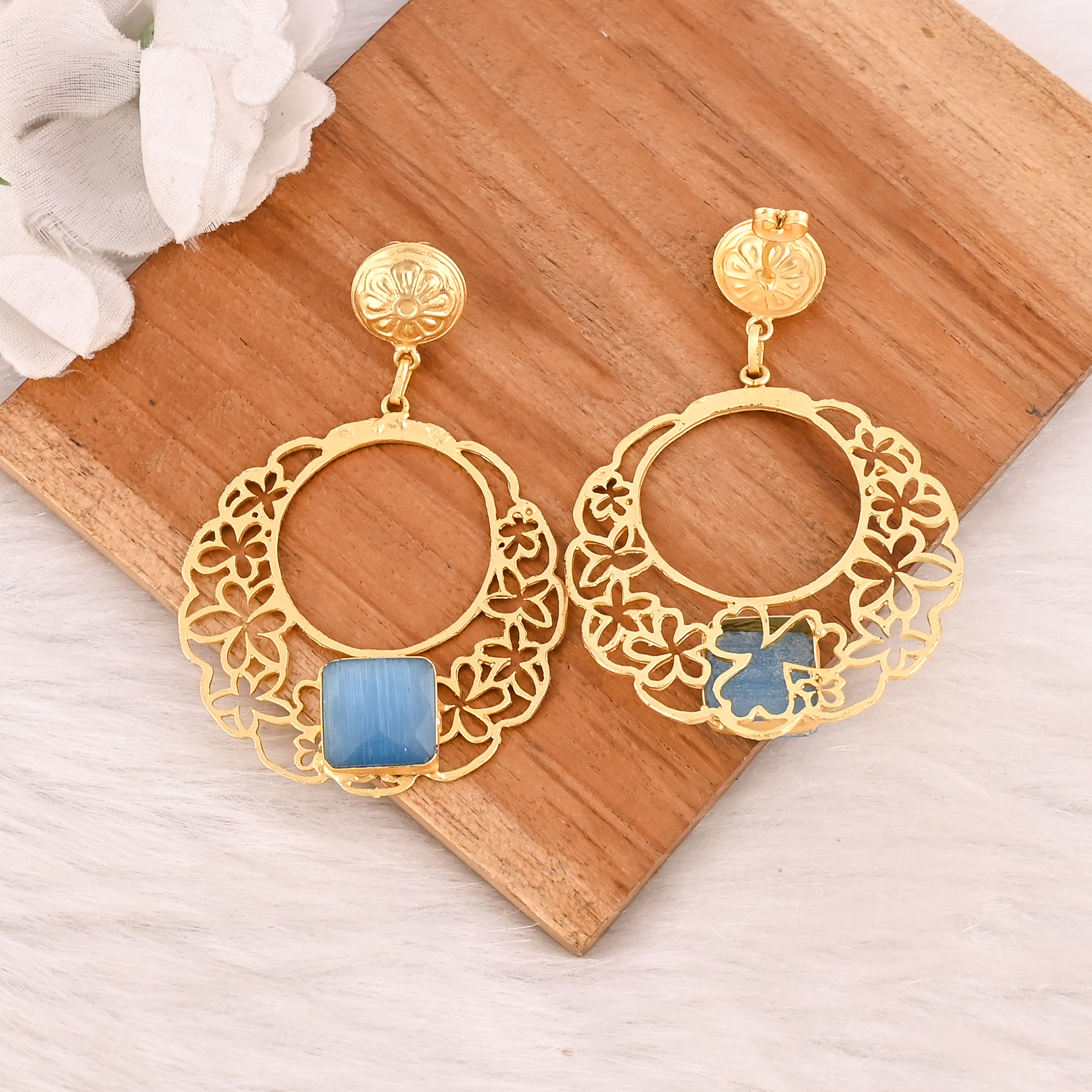 Blue Cats Eye Gemstone Designer Earrings Gold Plated Handmade Jewelry for Women  Wholesale Lot 10 Pairs