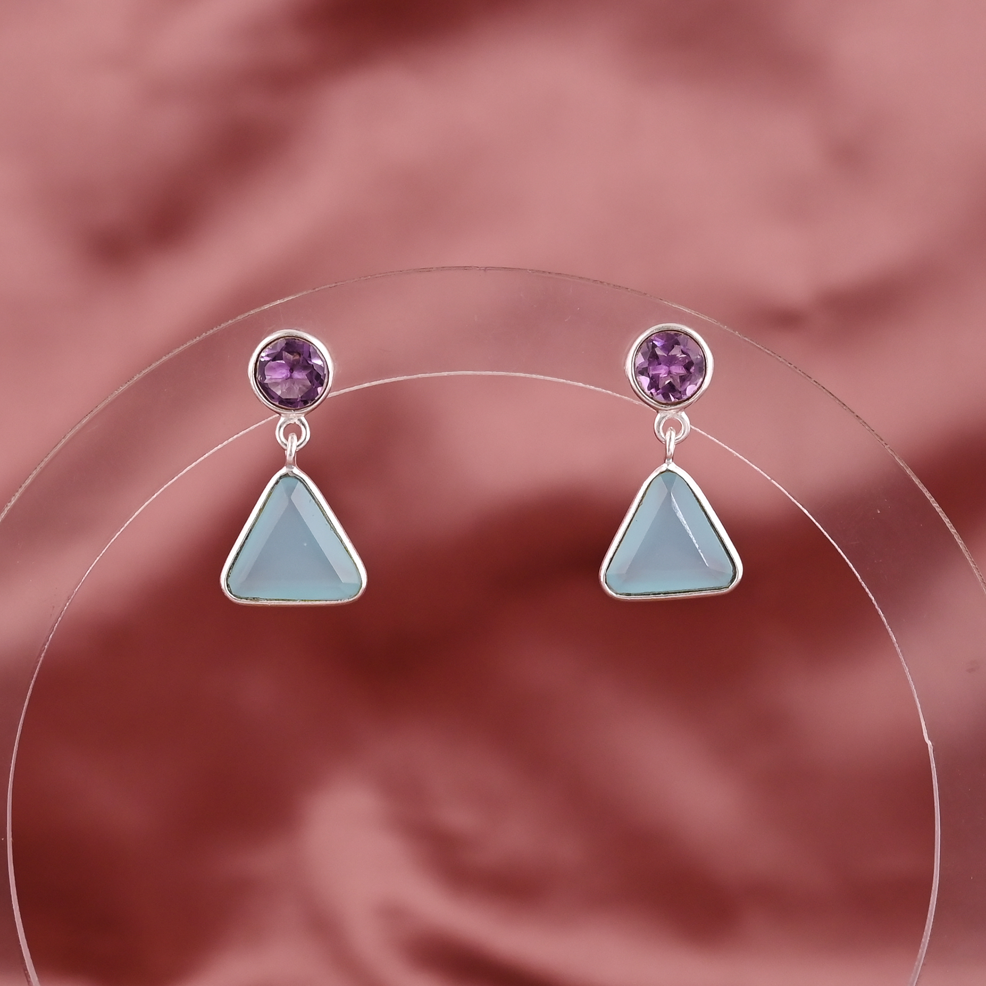 Natural Amethyst  Aqua Chalcedony Gemstone Drop Earring  925 Sterling Silver