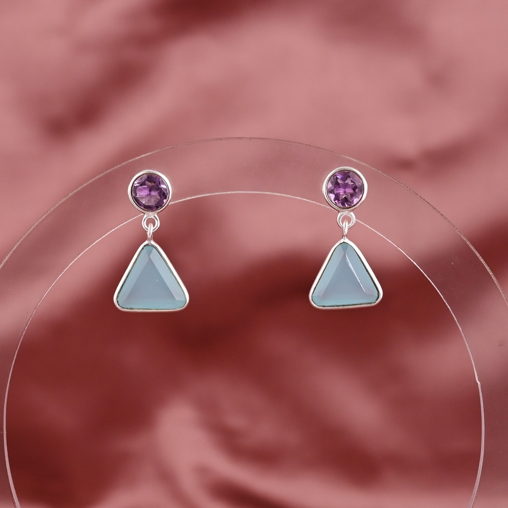 Image of Natural Amethyst &amp; Aqua Chalcedony Gemstone Drop Earring | 925 Sterling Silver