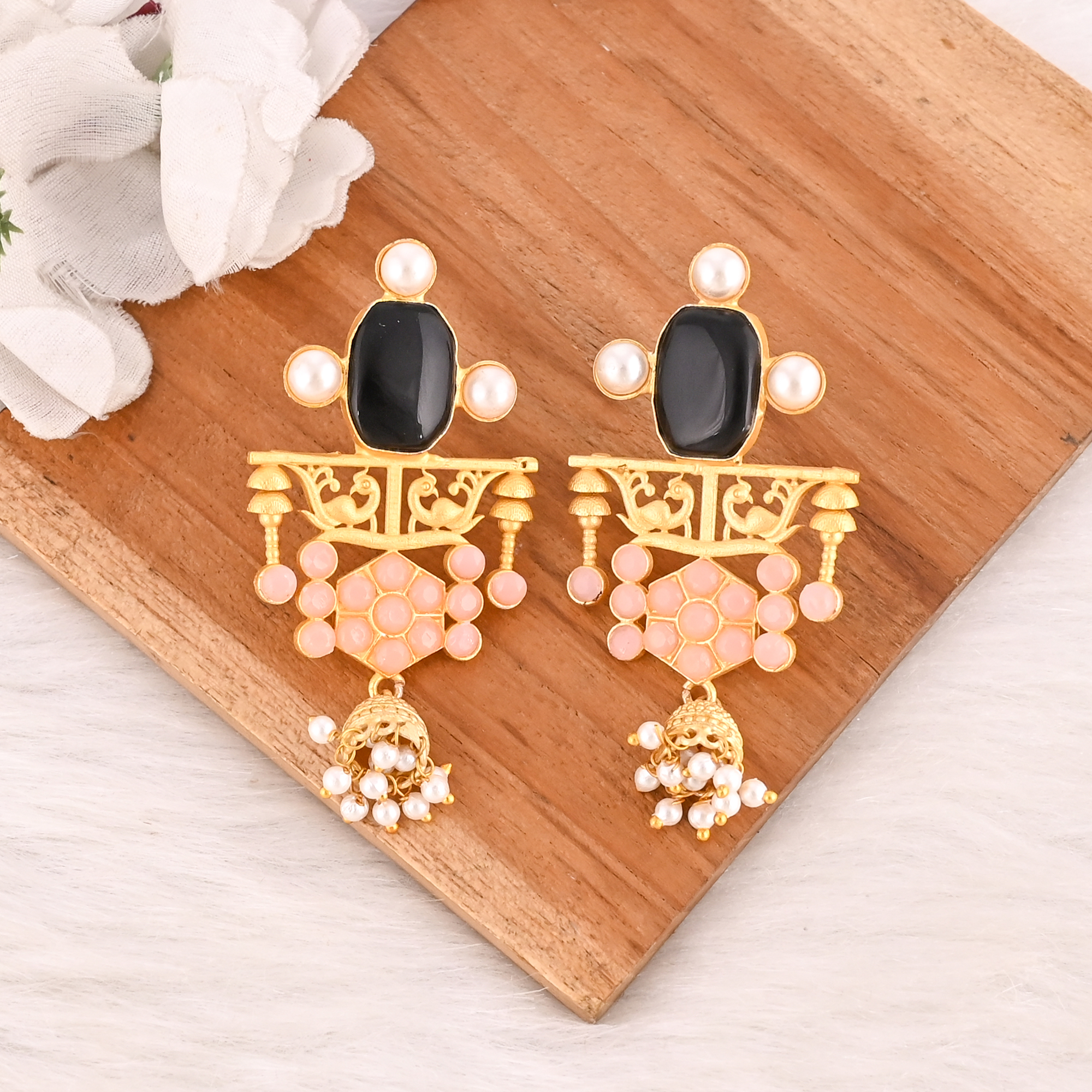 Royal Jharokha Black Onyx Pink Chalcedony Pearl Gold Plated Brass Statement Earrings