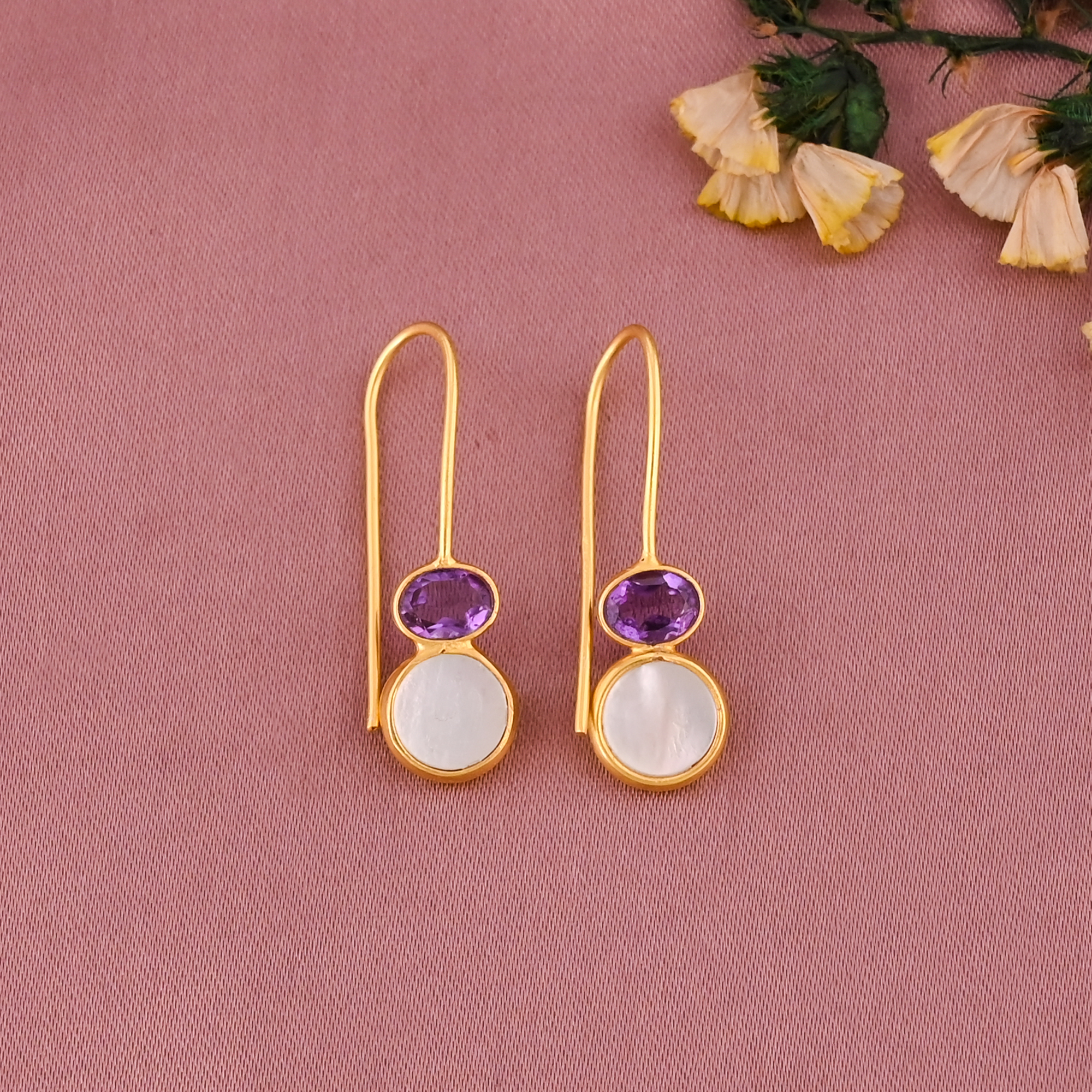 Natural Amethyst Mother of Pearl Drop Earrings Gold Plated Brass