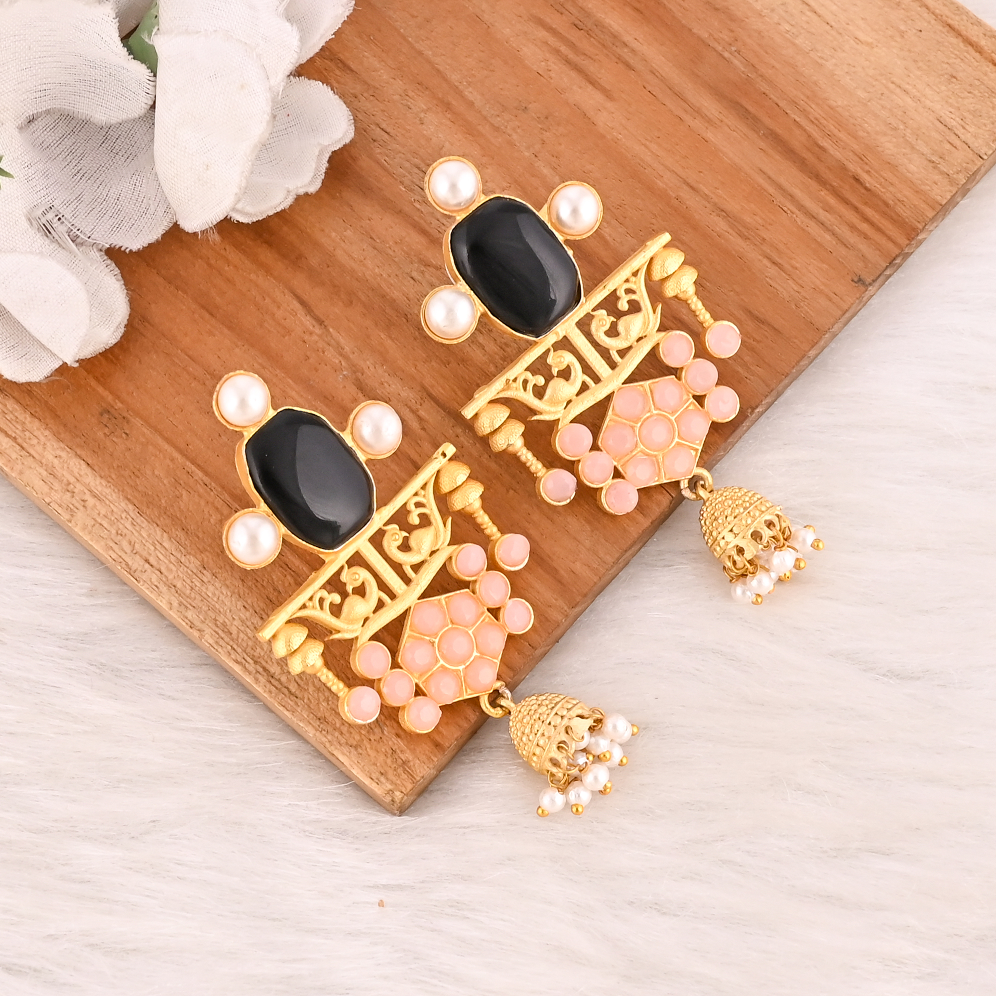 Royal Jharokha Black Onyx Pink Chalcedony Pearl Gold Plated Brass Statement Earrings